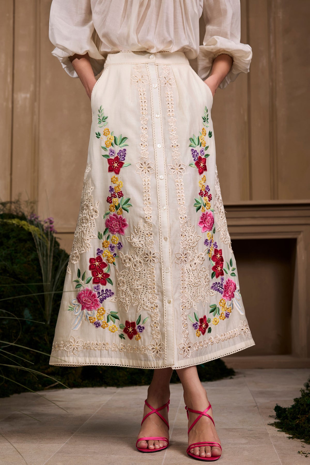 Ivory Floral Embroidered Buttondown Skirt