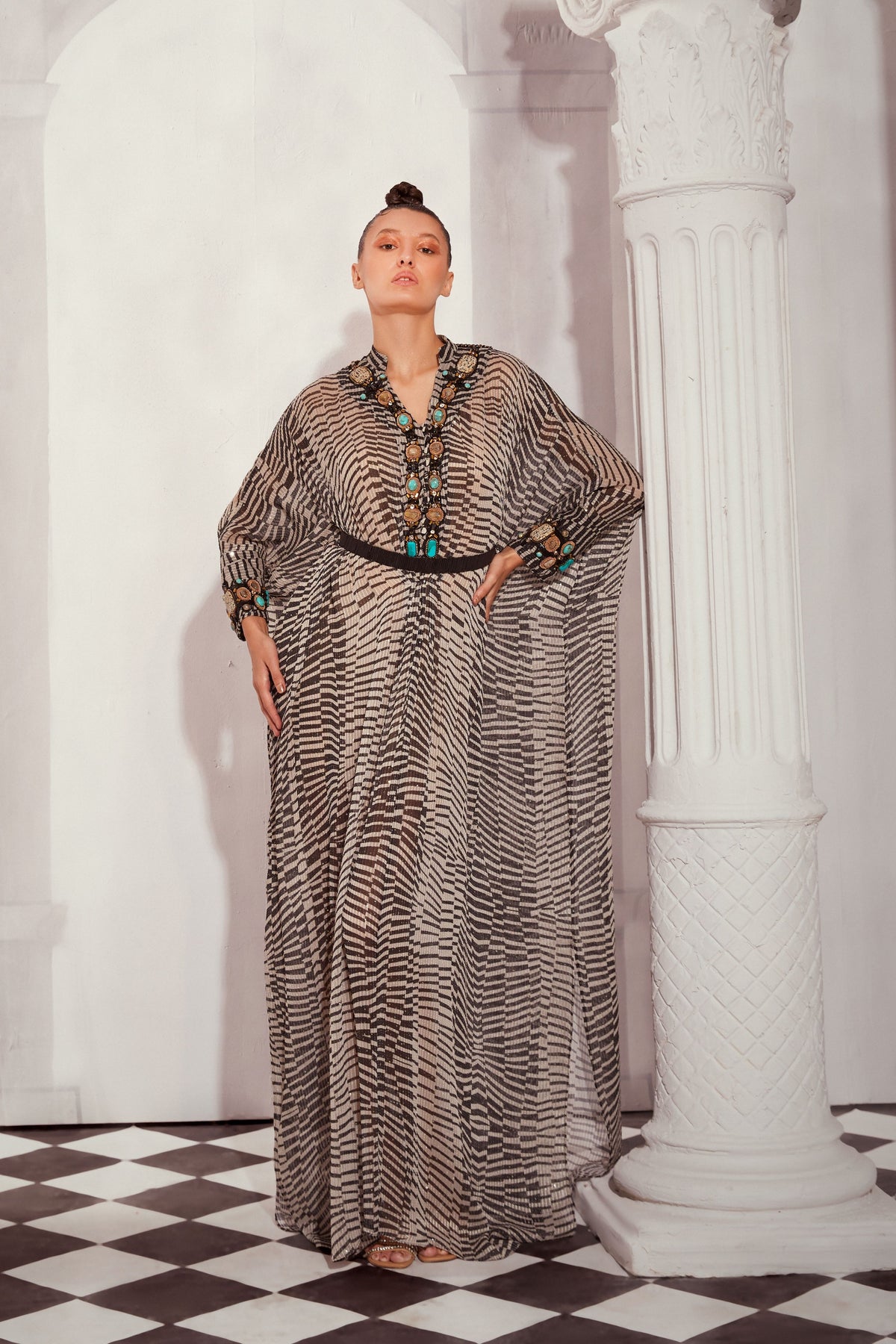 Black &amp; White Byzantine Kaftan With Belt