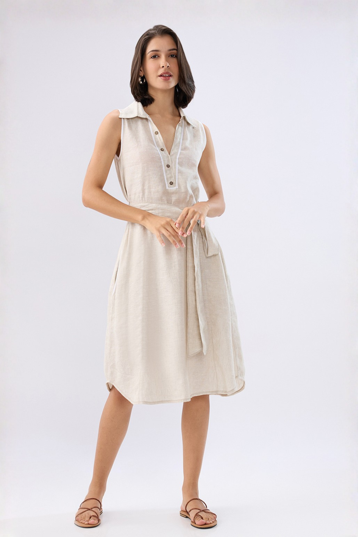 Beige A-line Tie-up Dress