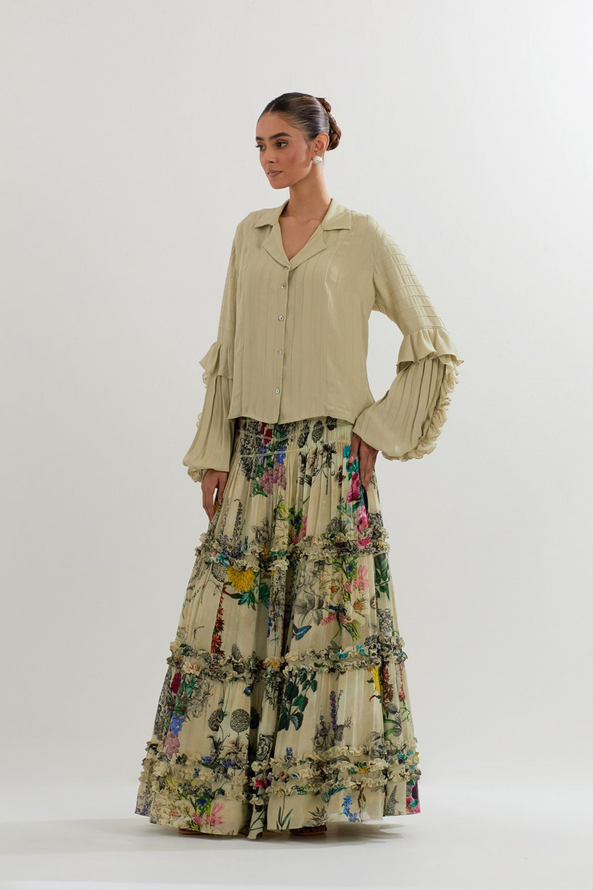 Botanical Printed Skirt With Ruffle Shirt