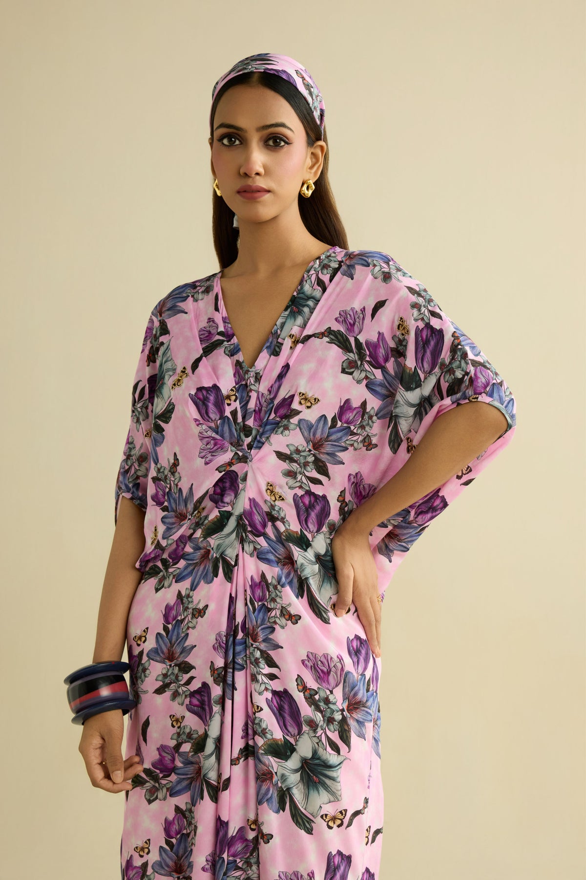 Pink Embroidered Printed Kaftan