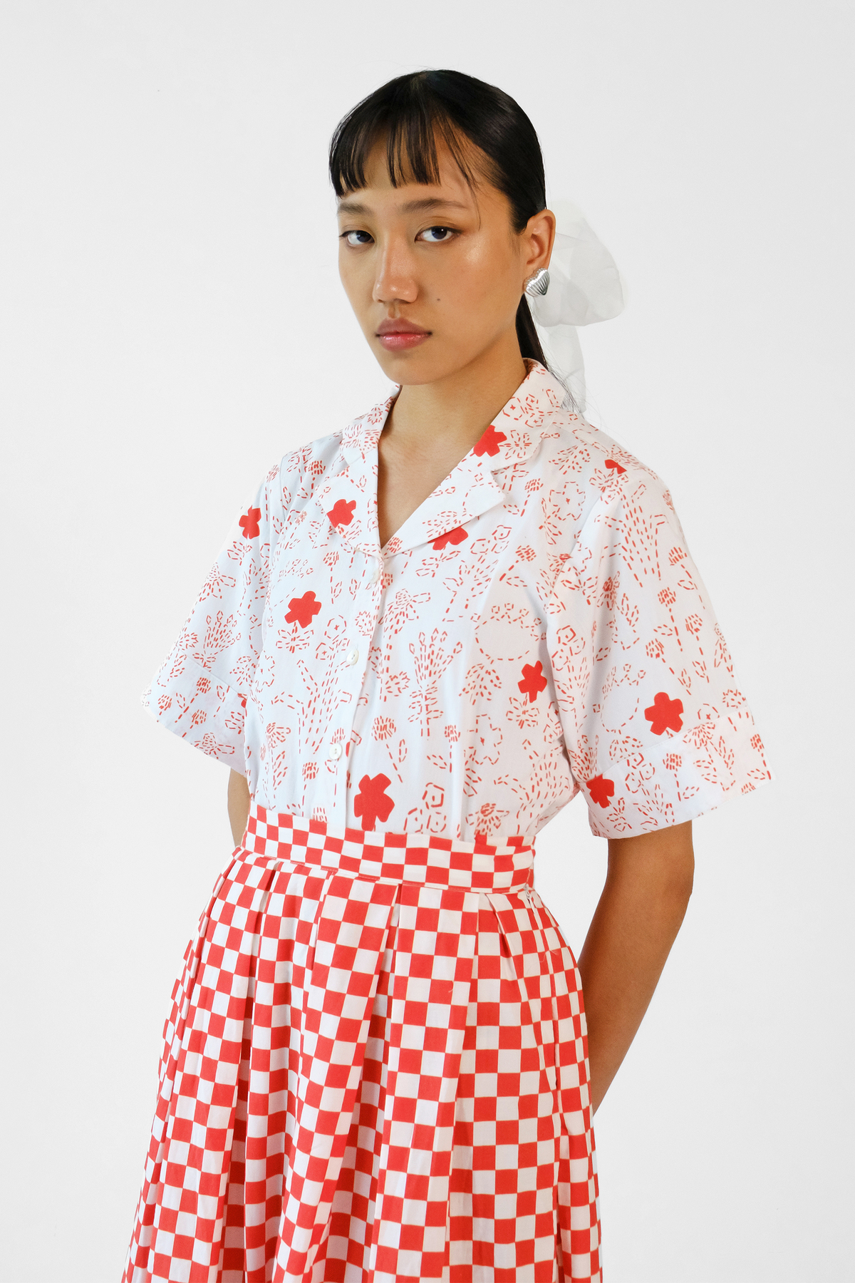 Red Checks Printed Skirt Set