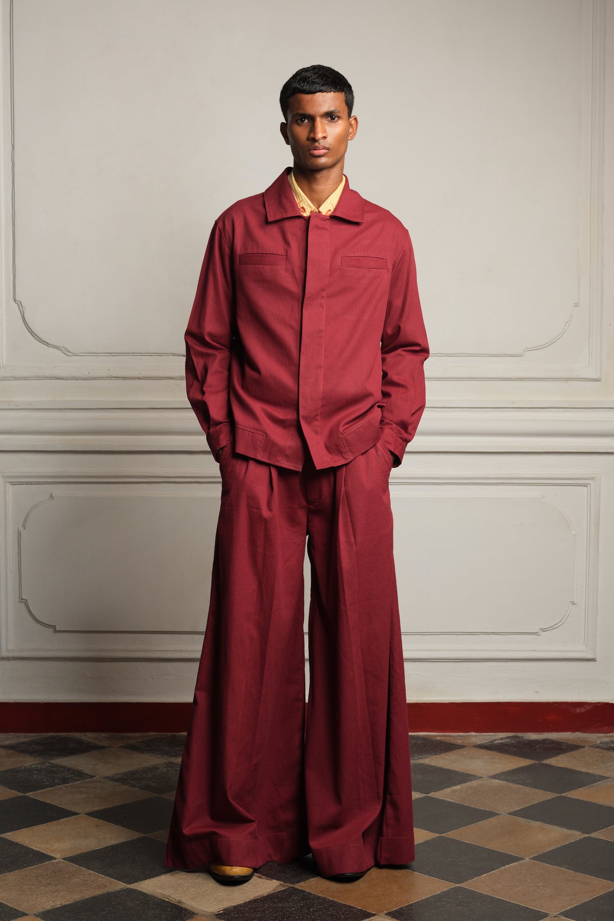 Lightweight maroon drill jacket with trousers