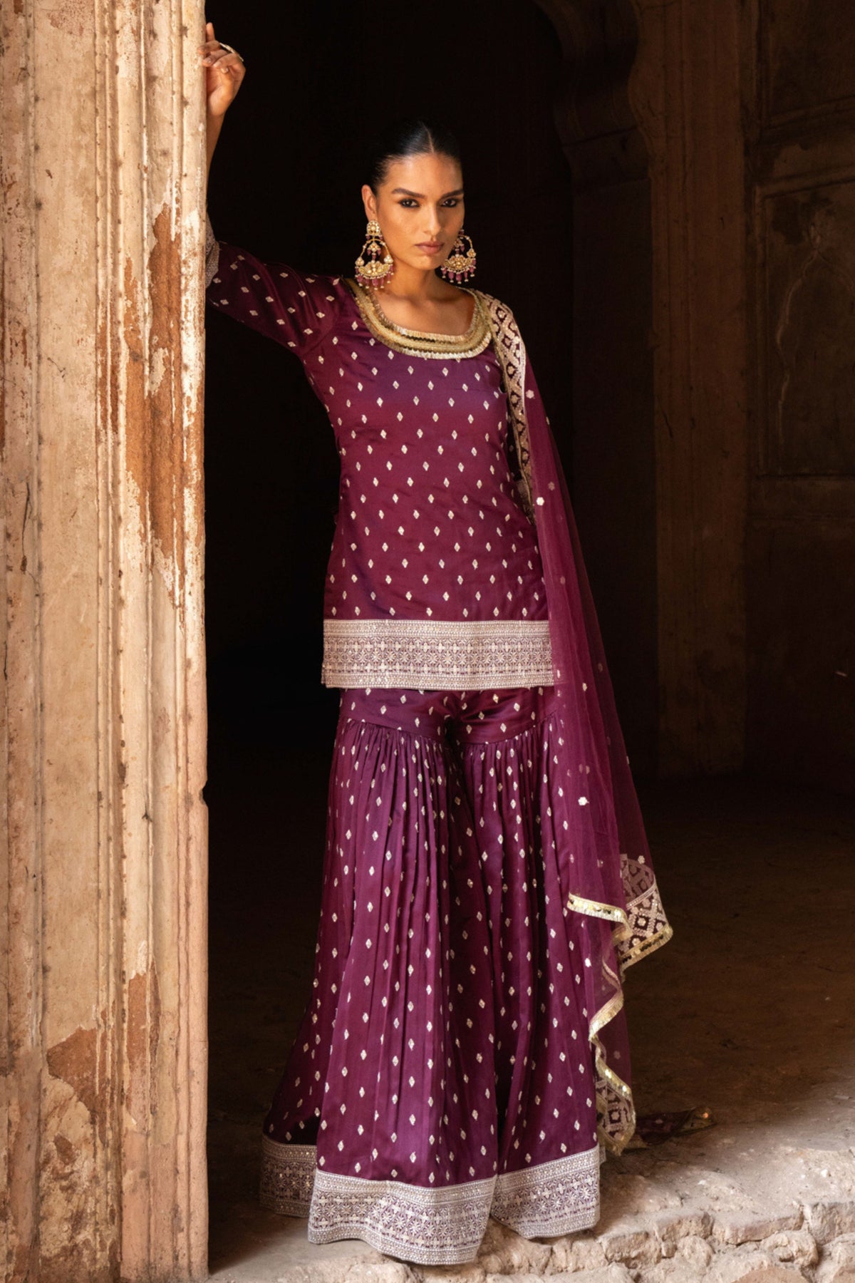 Wine Embroidered Sharara Set