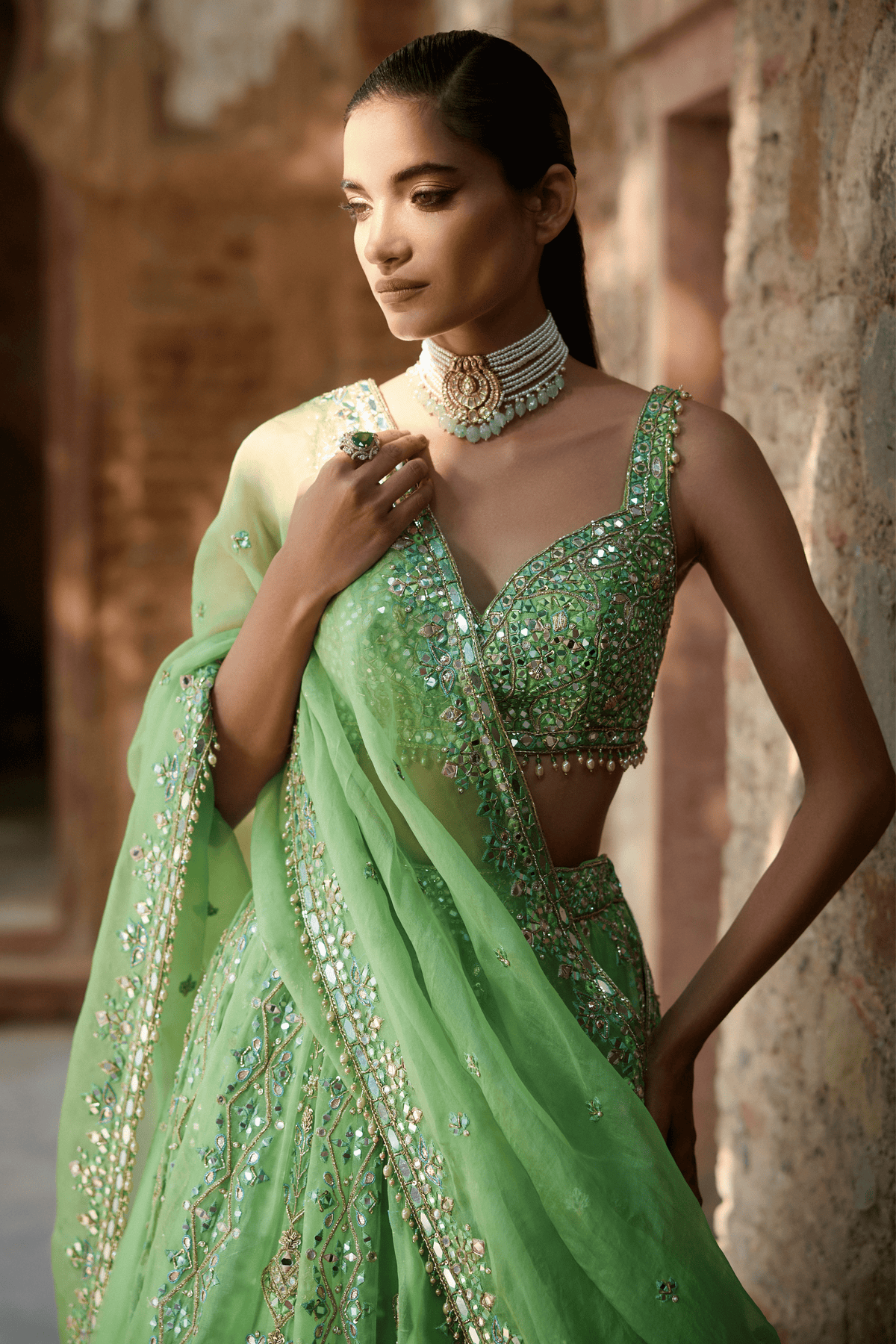 Lime Green Organza Lehenga Set