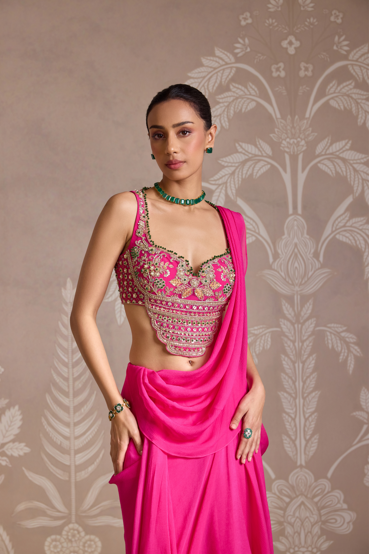 Bright Fucshia Drape Saree Set