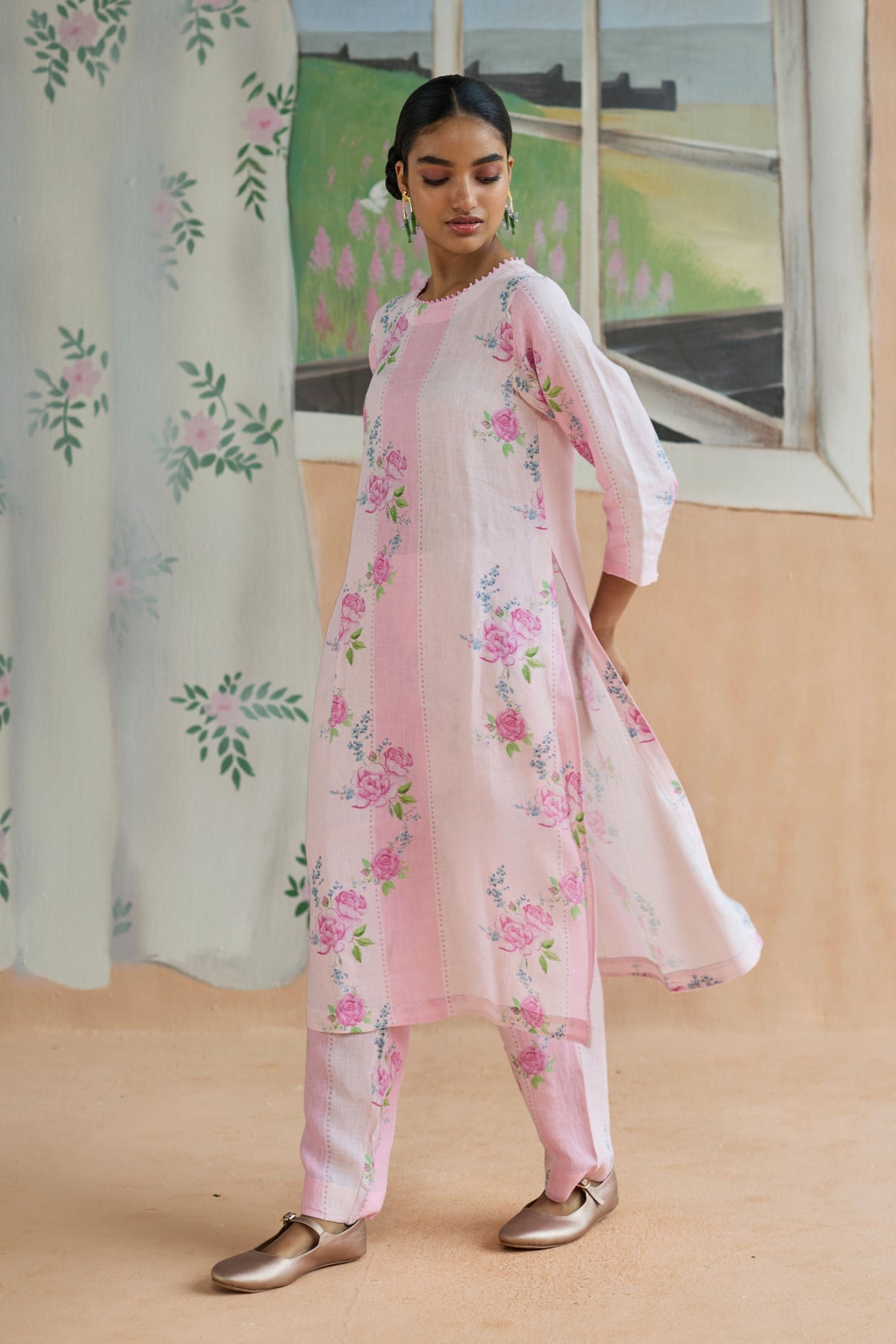 Rose Haze Long Kurta Set Linen