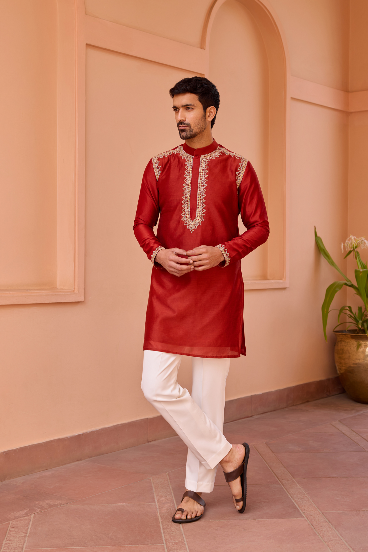 Red dori and hand embroidered silk kurta set