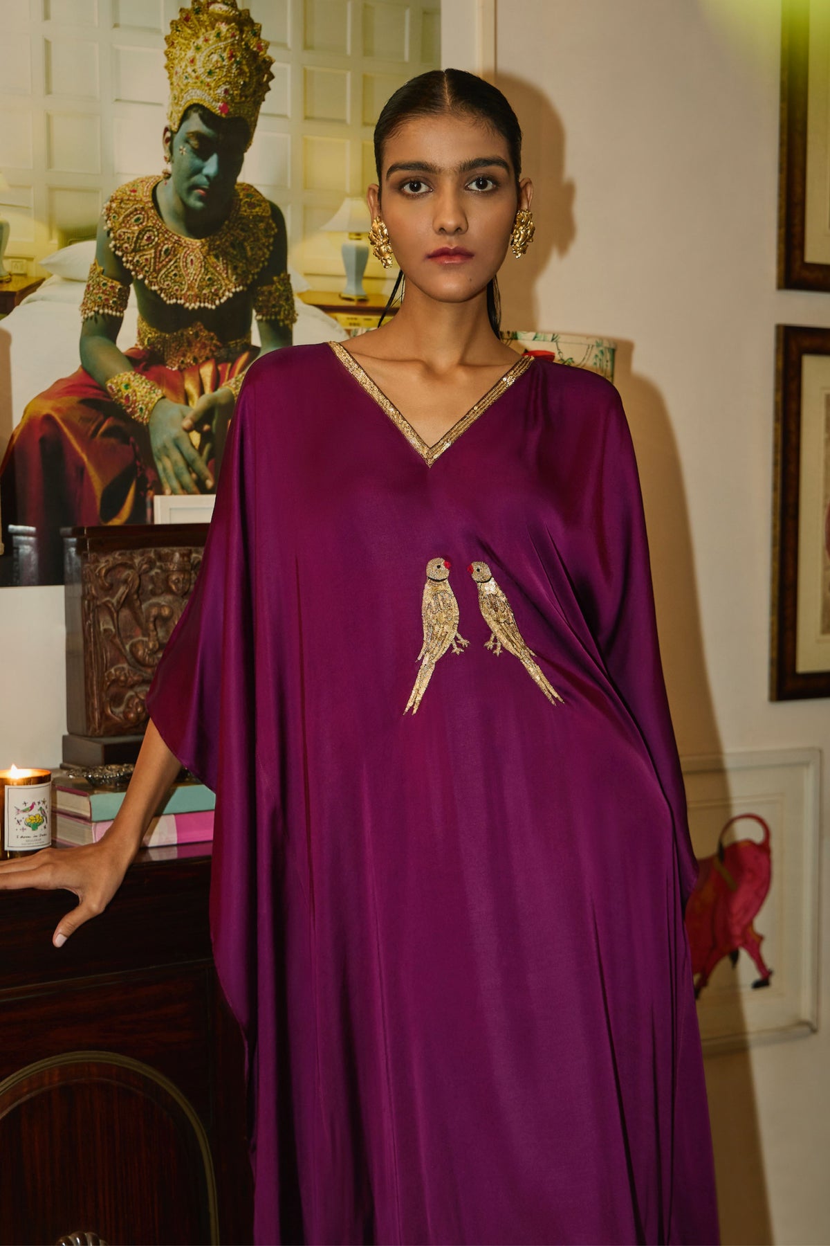 Purple Kaftan With Parrot Motif