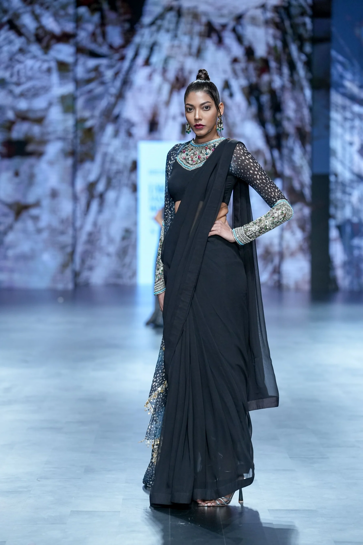 Black Saree With Rosette Drape