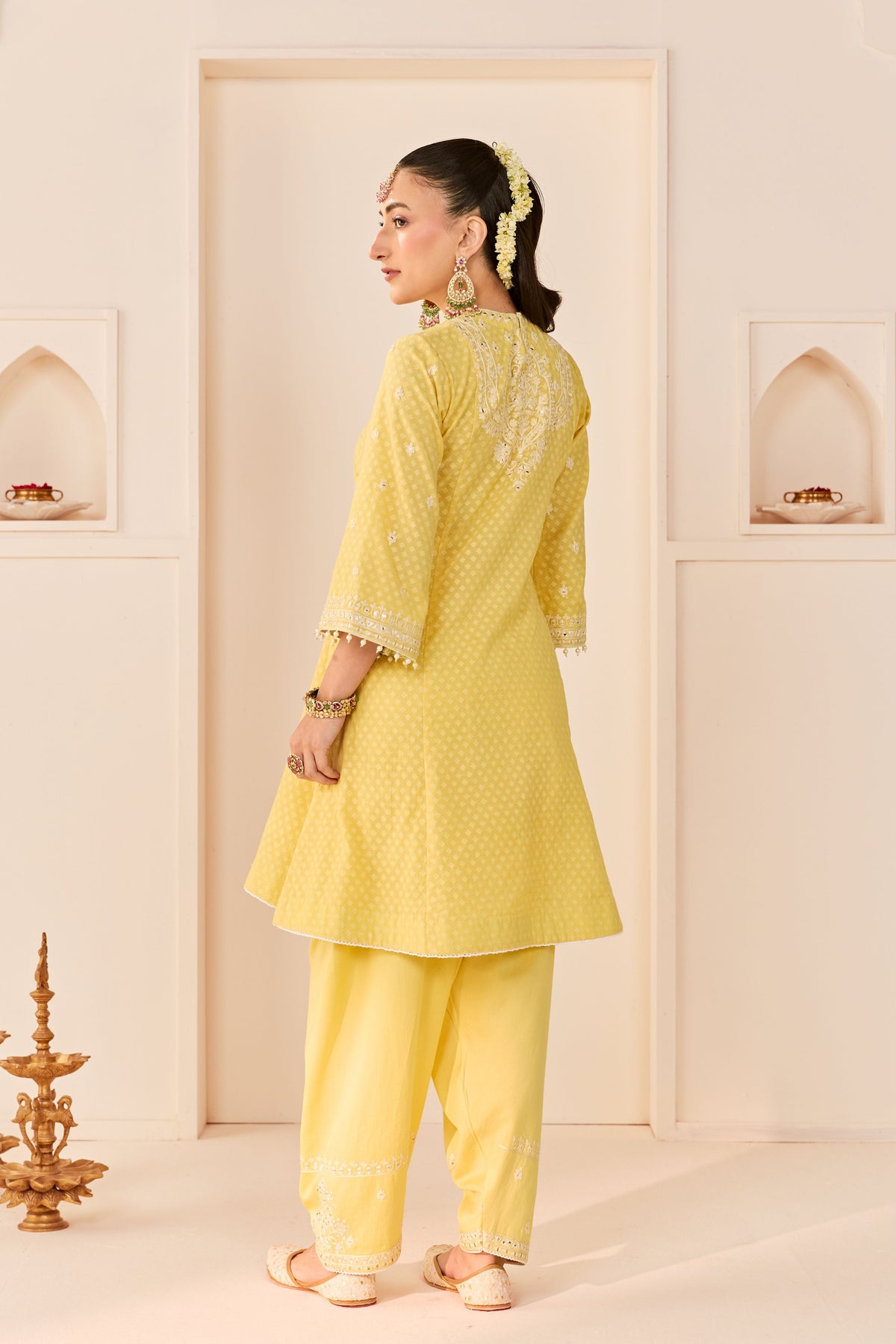Nida Lemon Yellow Short Choga Set