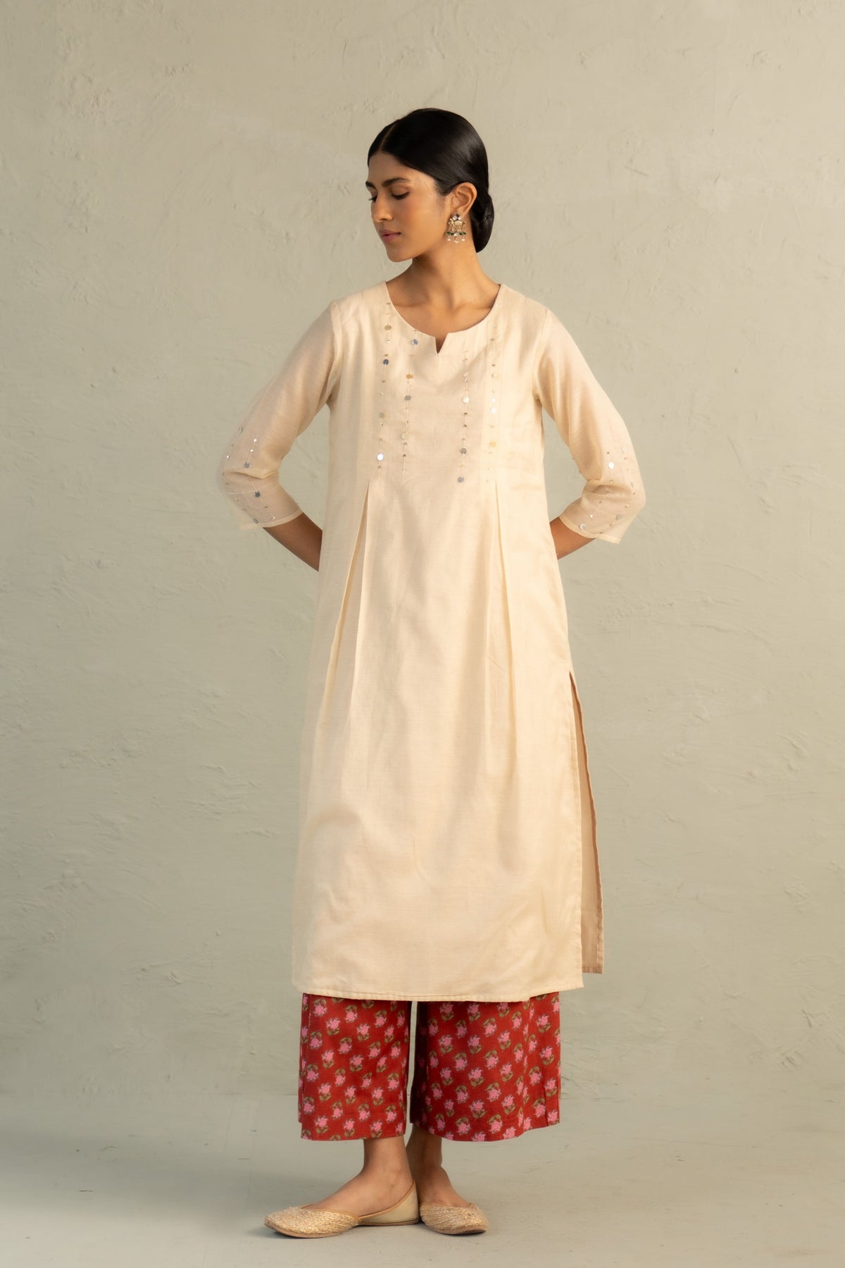 Beige Pleated Kurta Set