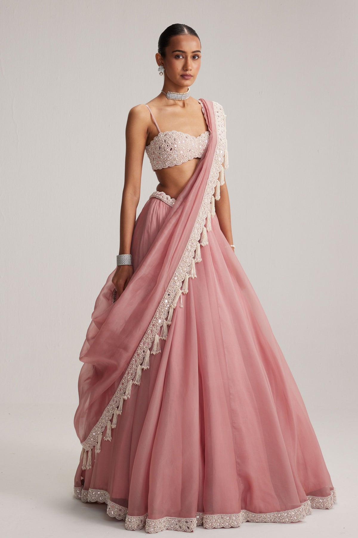 Dusty Rose Mirror and Pearl Lehenga Set