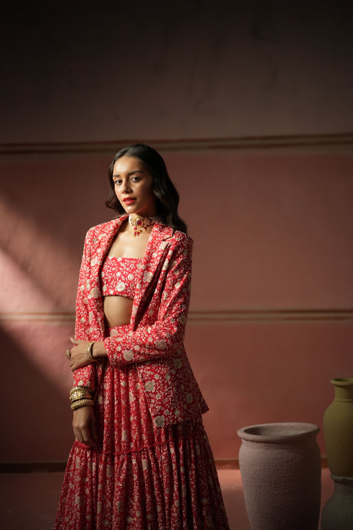Red Chikankari Jacket Lehanga Set