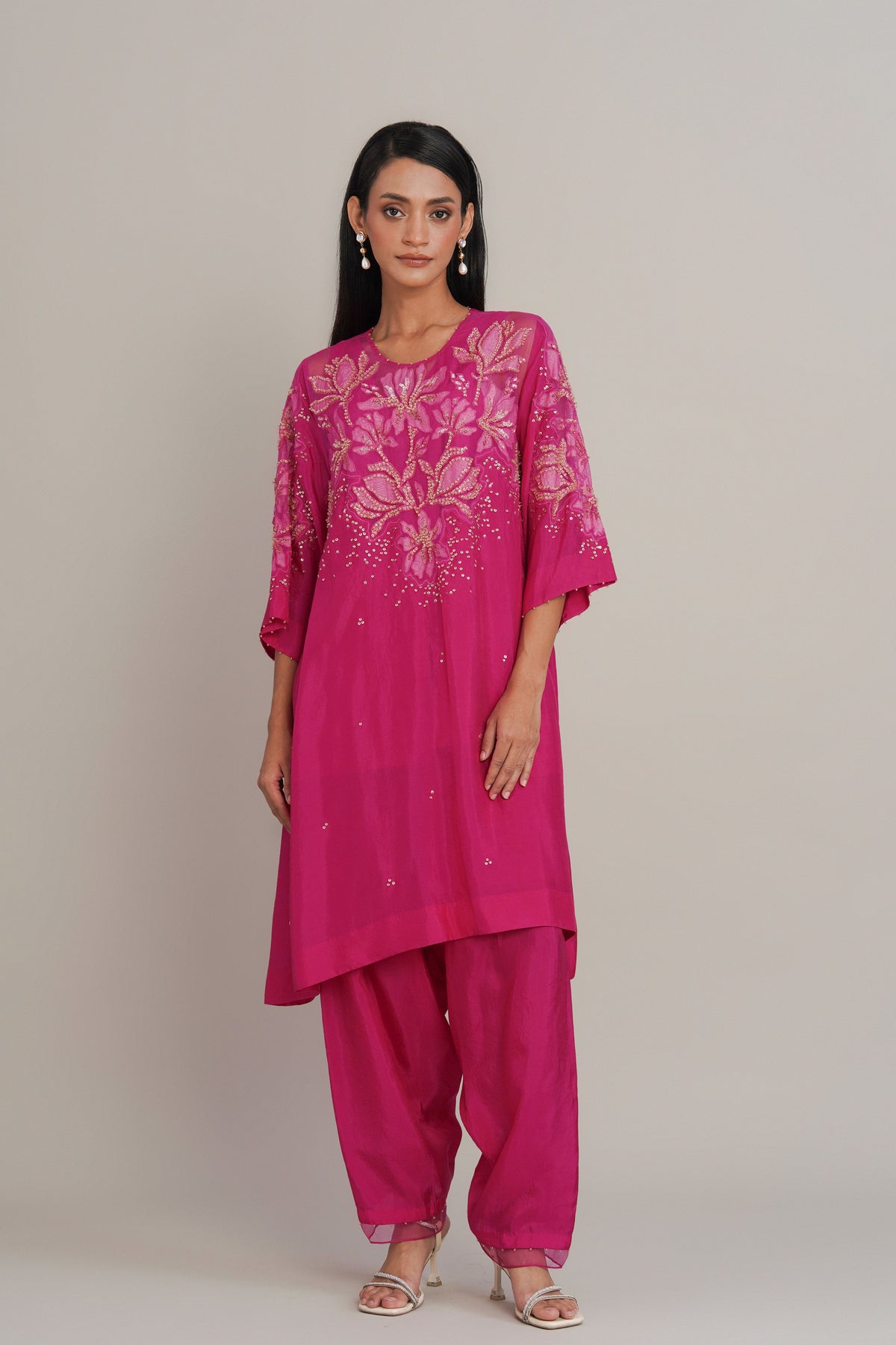 Hot Pink Floral Embellished Sharara Set