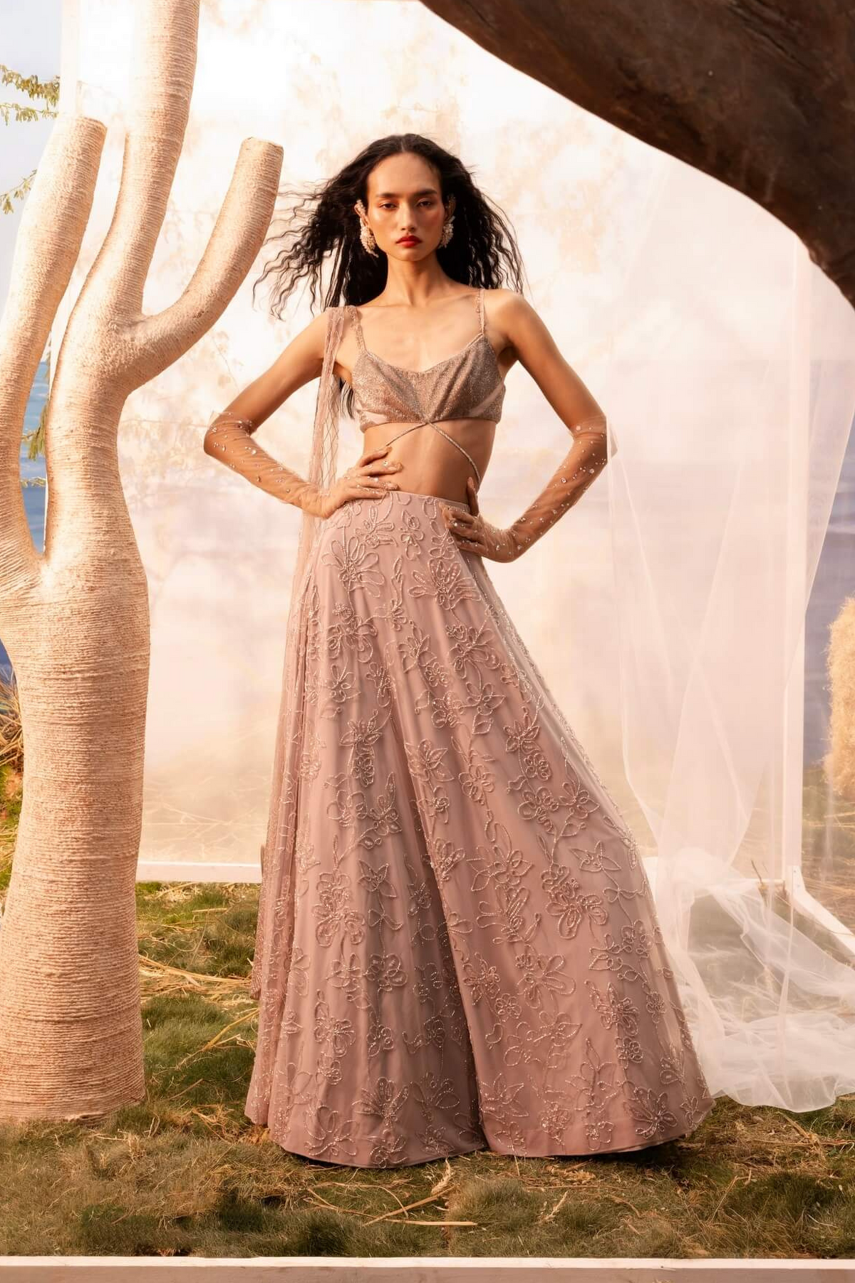 Burnt Pink Embroidered Lehenga Set
