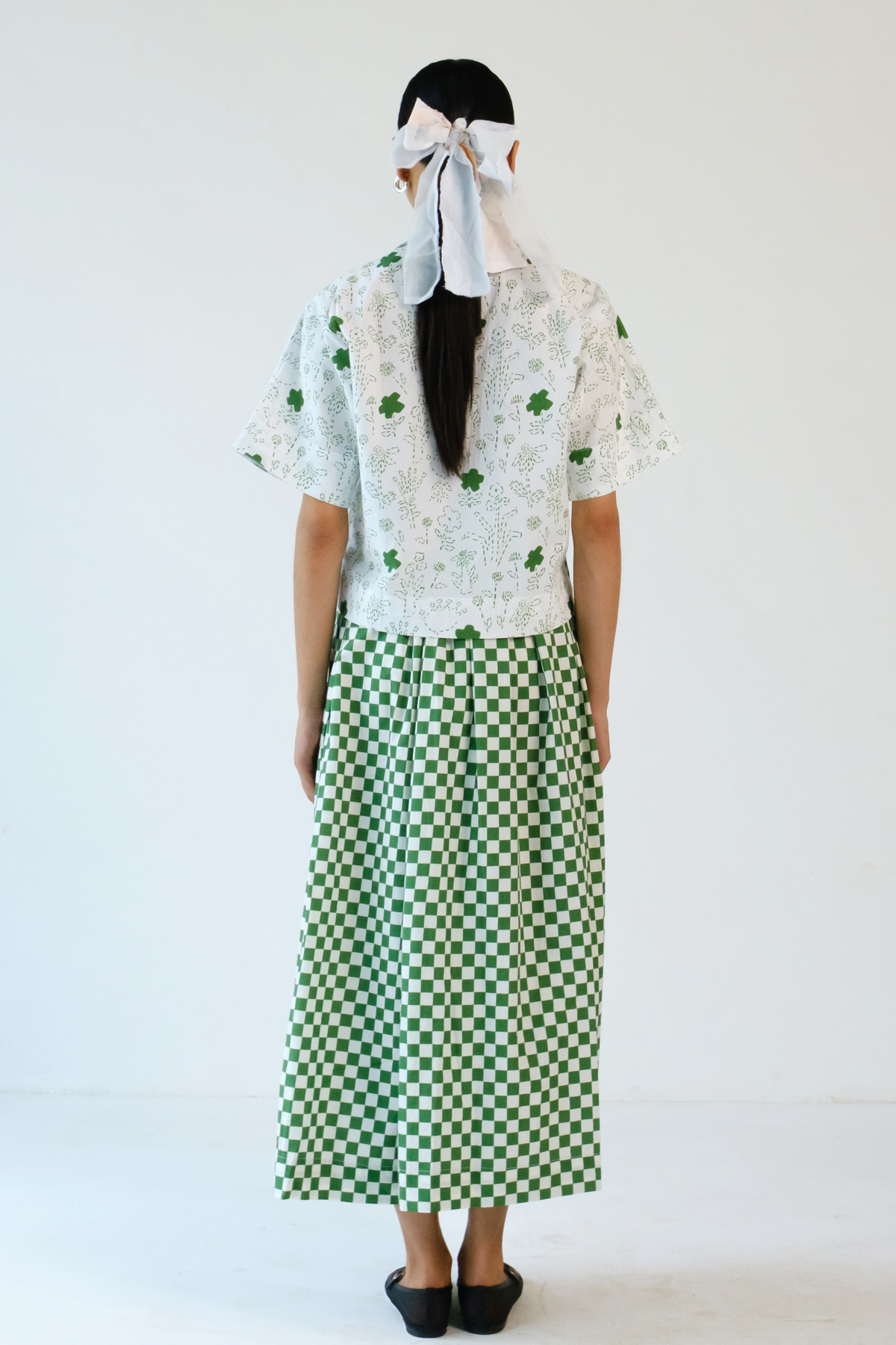 Green Checks Printed Skirt Set