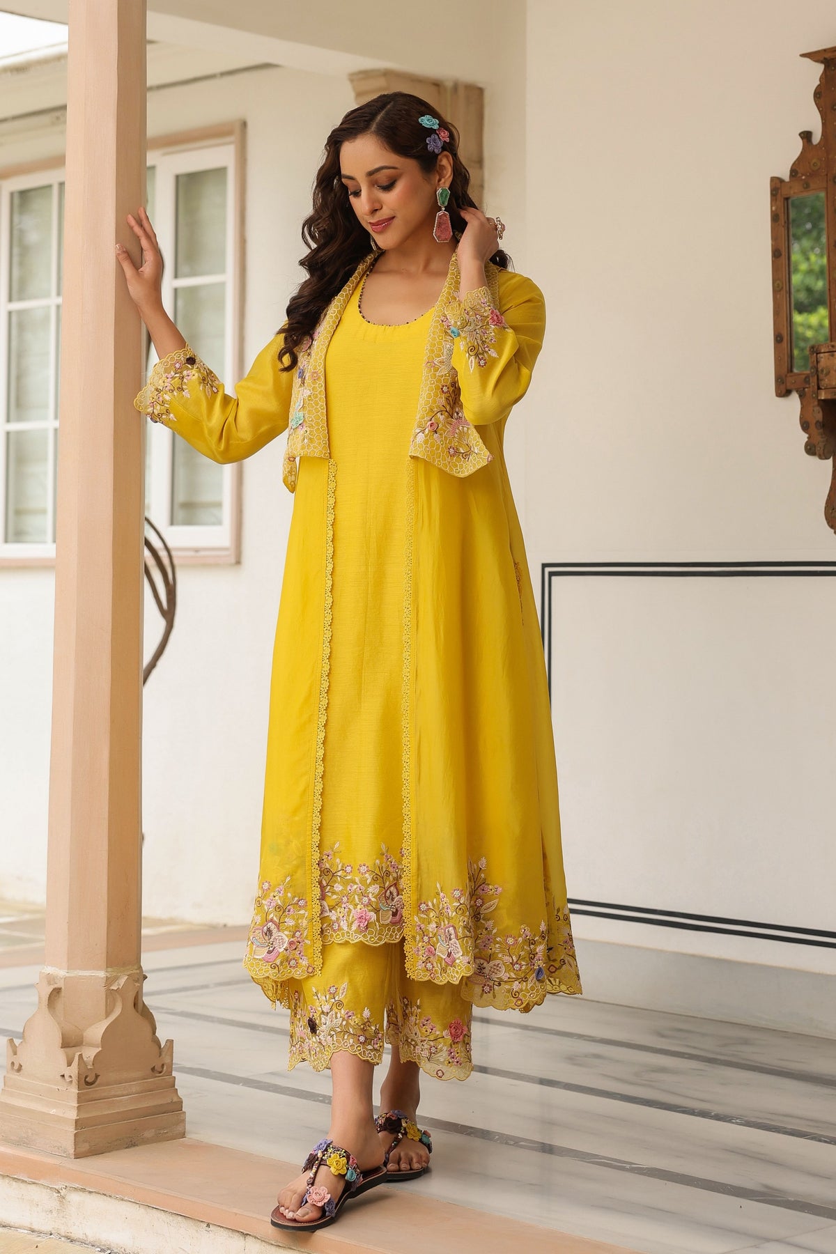 Gulzar Yellow Embroidered Jacket  Set