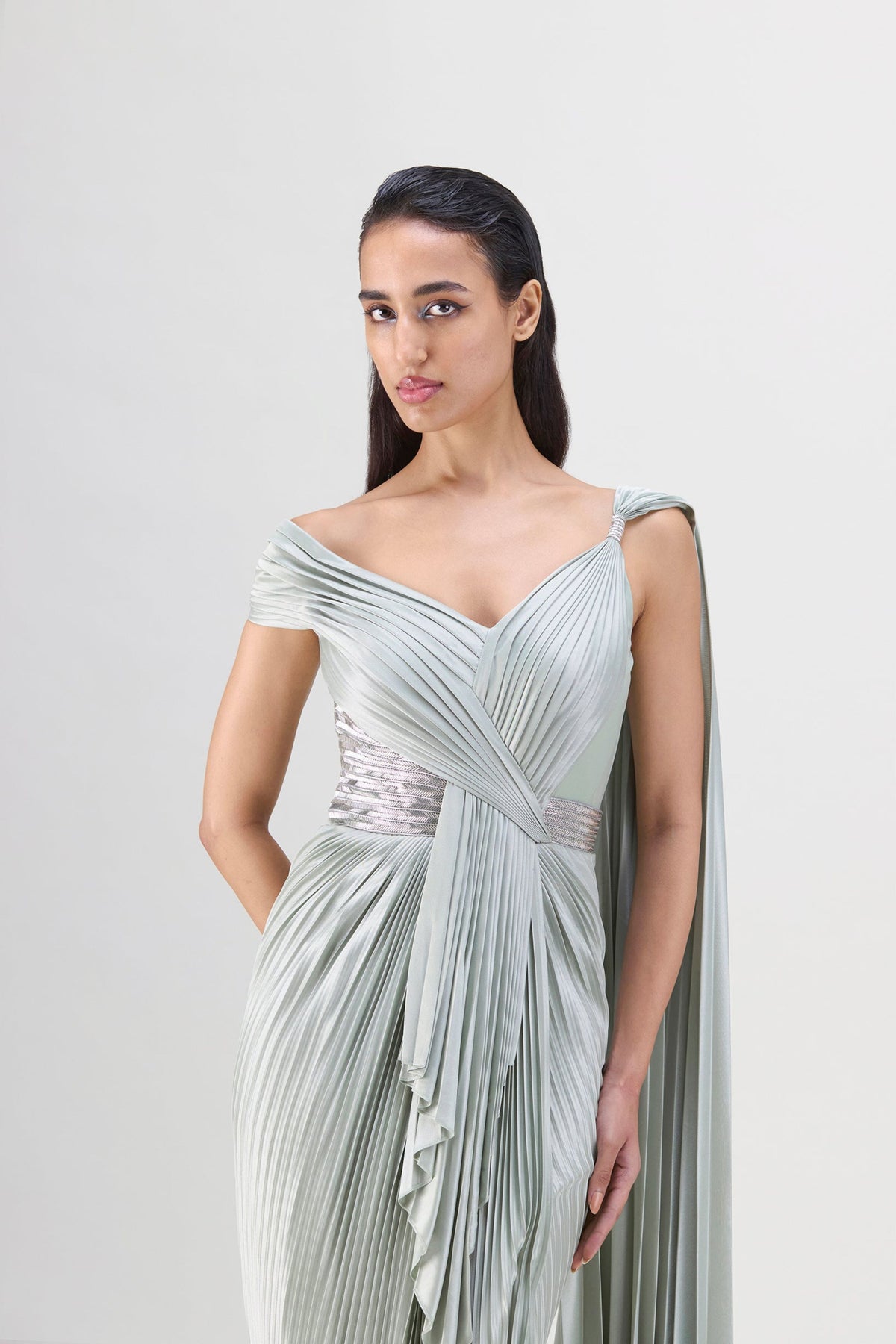 Sage Structured Plisse Saree