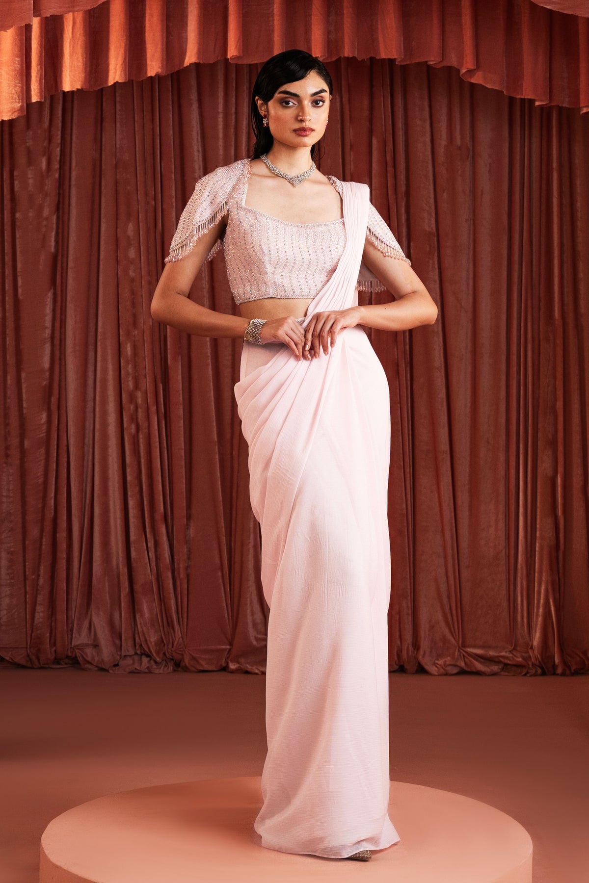 Baby Pink Beaded Draped Saree