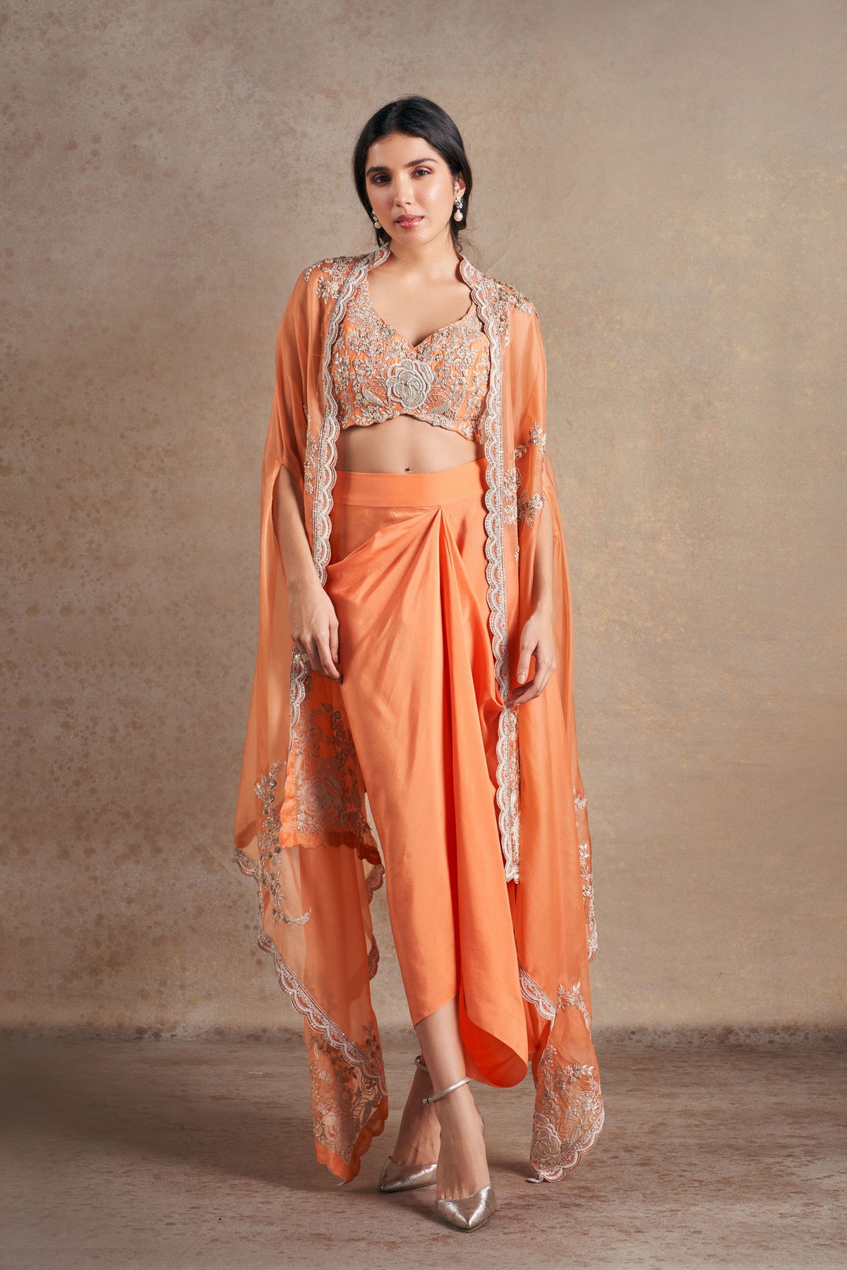 Sumptuous Coral Orange Cape Set