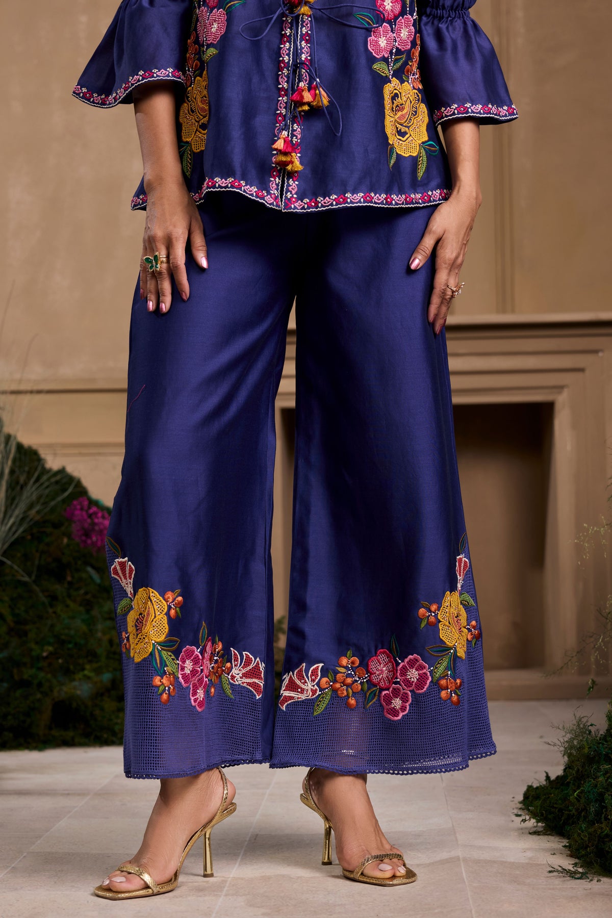 Cobalt Blue Embroidered Flared Pant