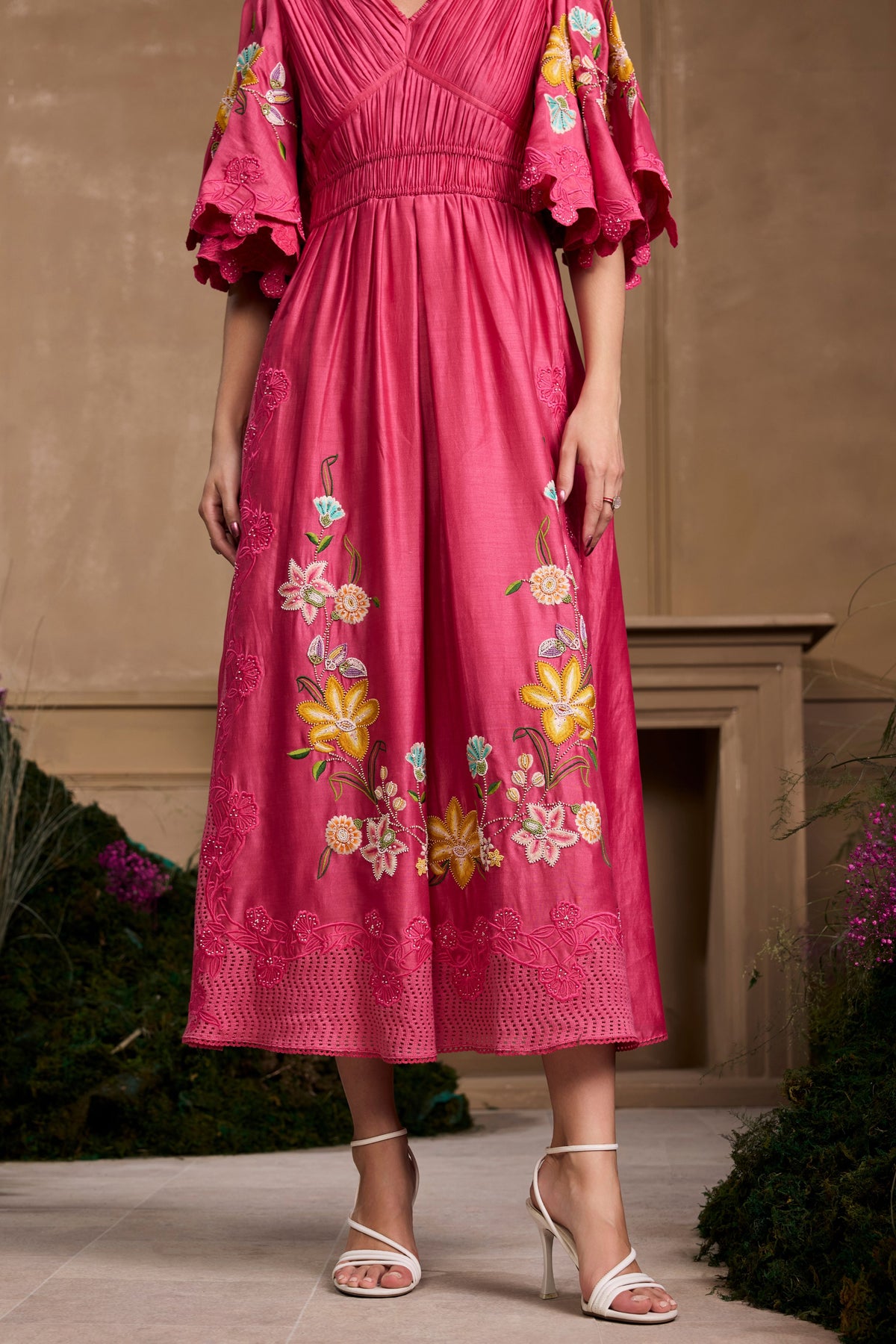 Fuchsia Floral Embroidered Ruched Dress