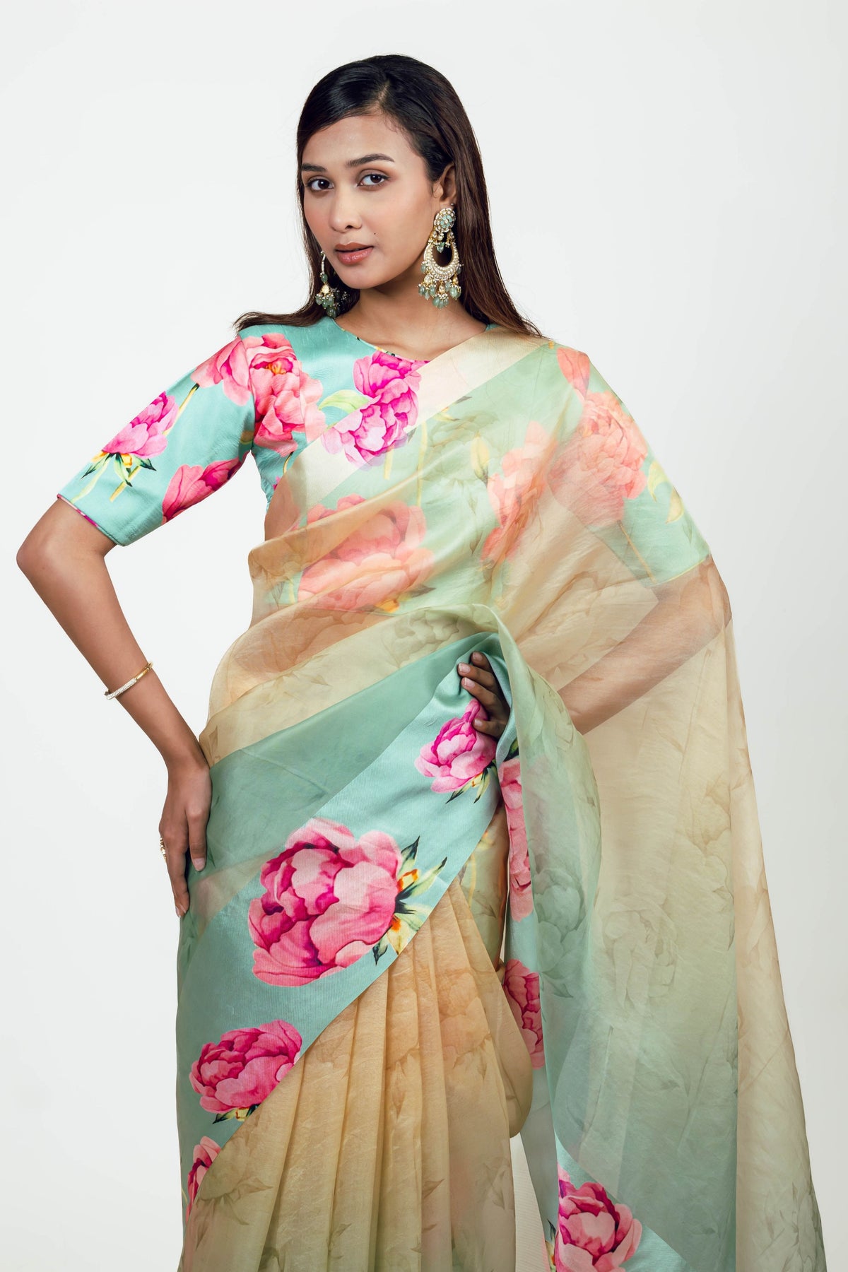 Monica Aqua Yellow Organza Saree