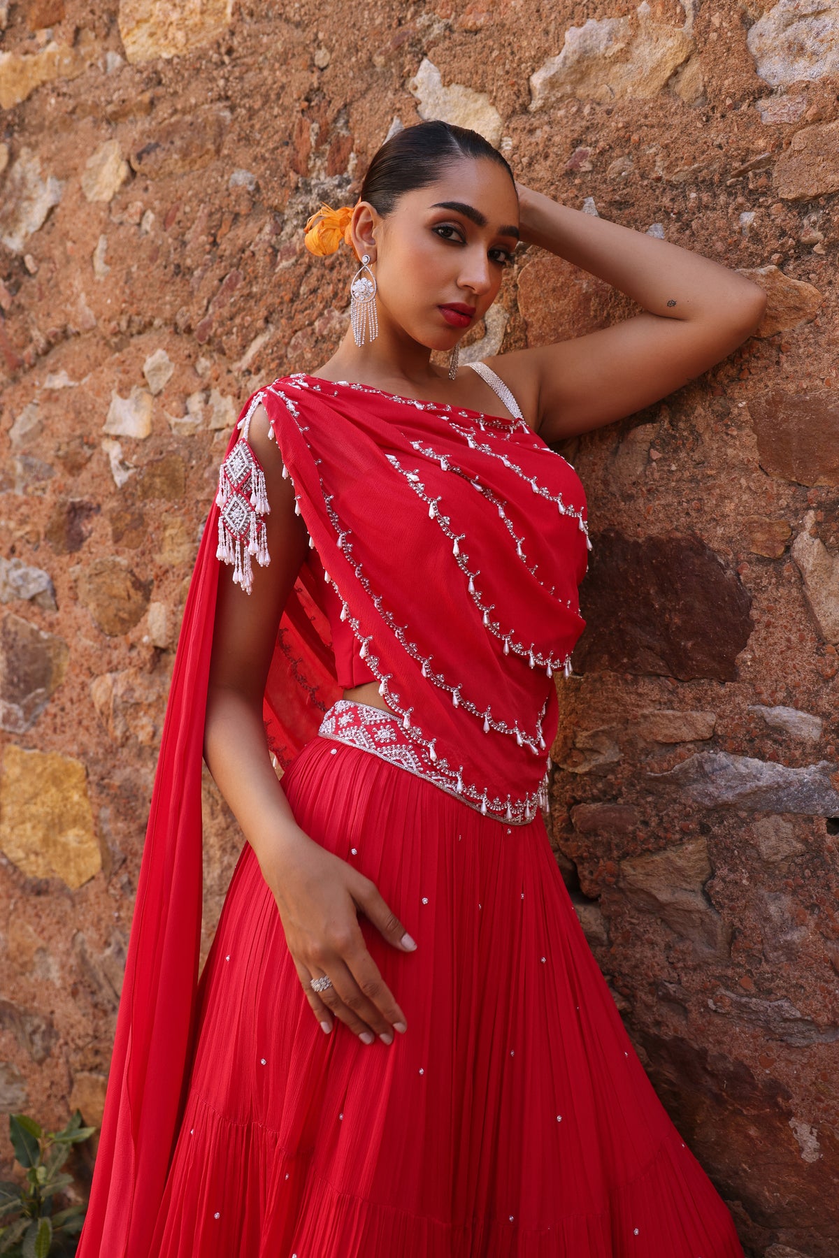 Disha Embellished Blouse with Tiered Lehenga