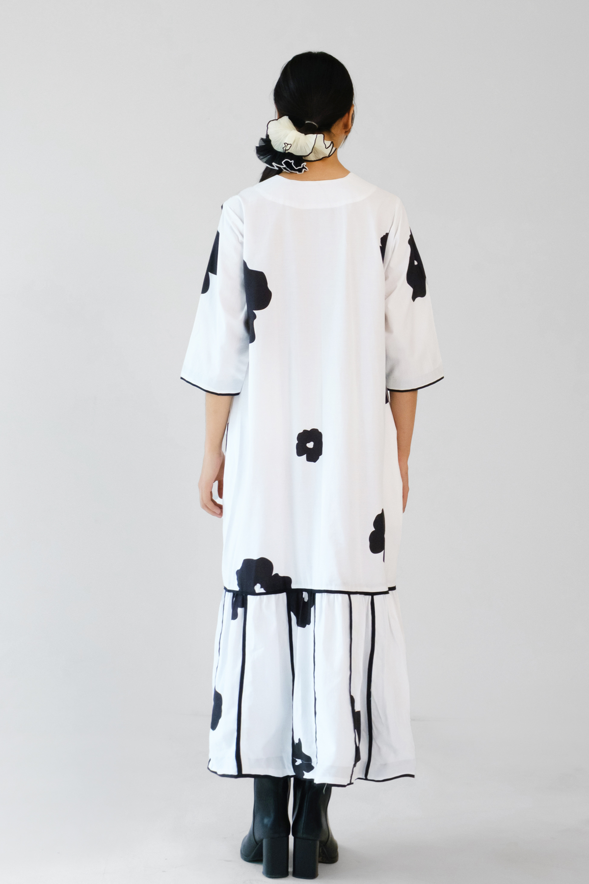 White Black Poppy Applique Dress