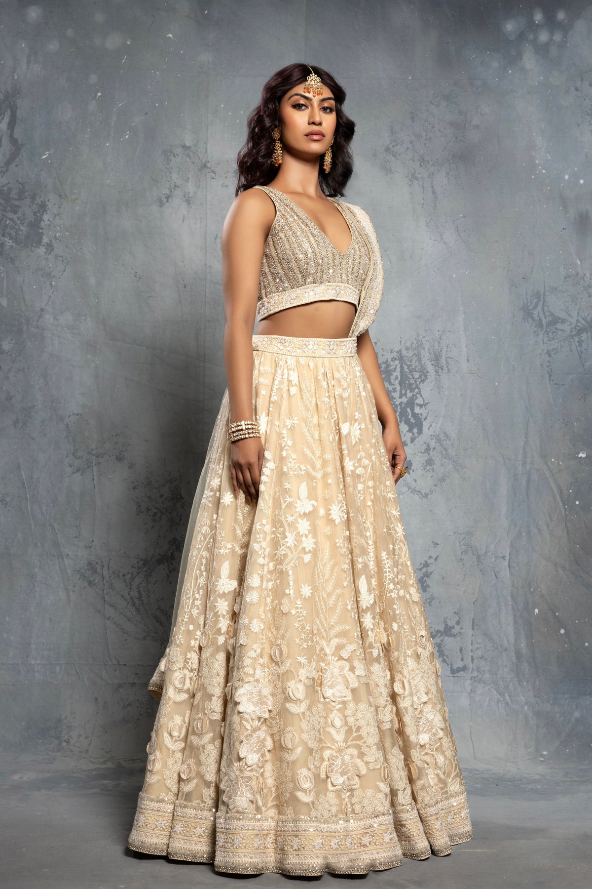 Ecru Tropical Motif Lehenga Set
