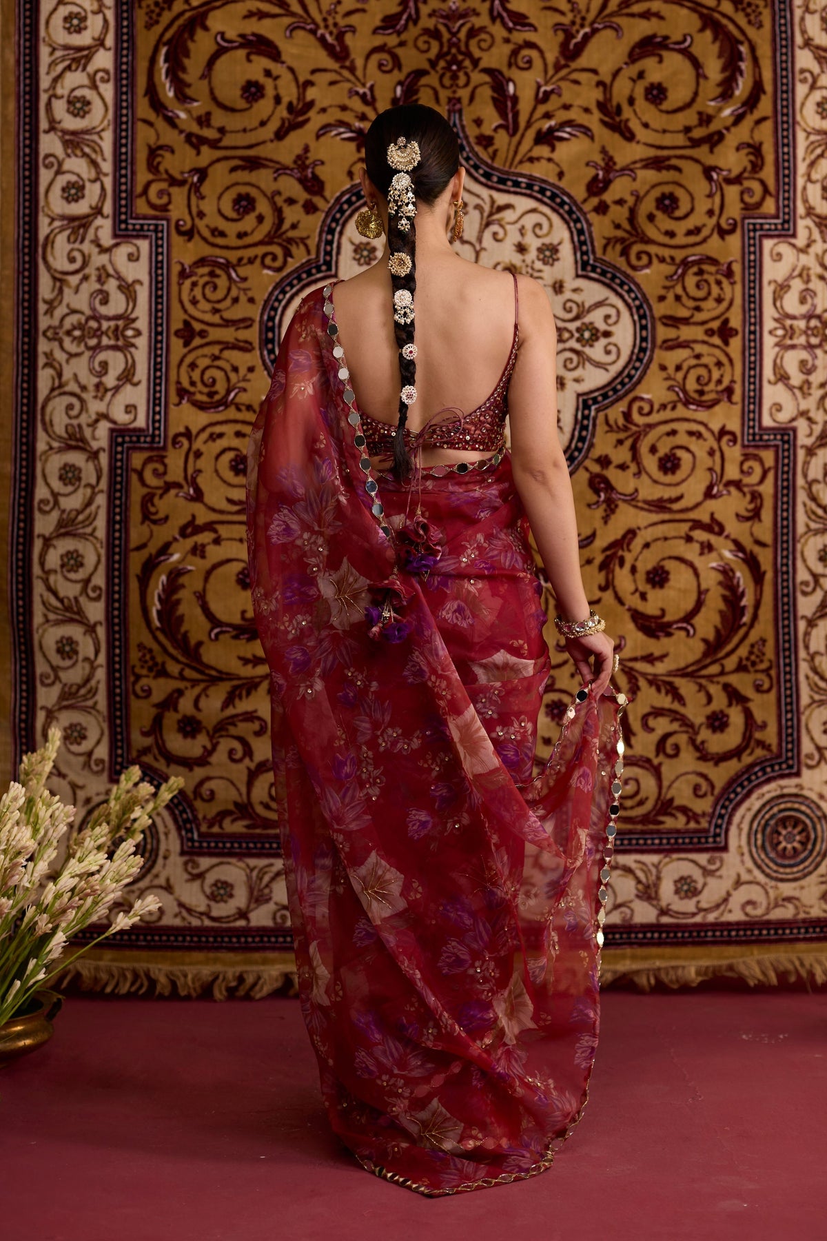Red Floral Organza Saree Set