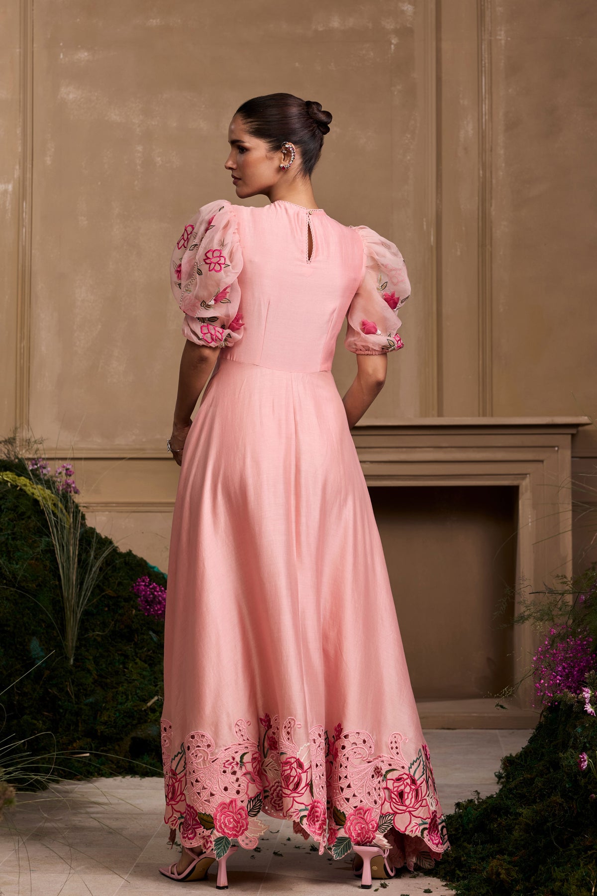 Rose Pink Embroidered Flounce Dress