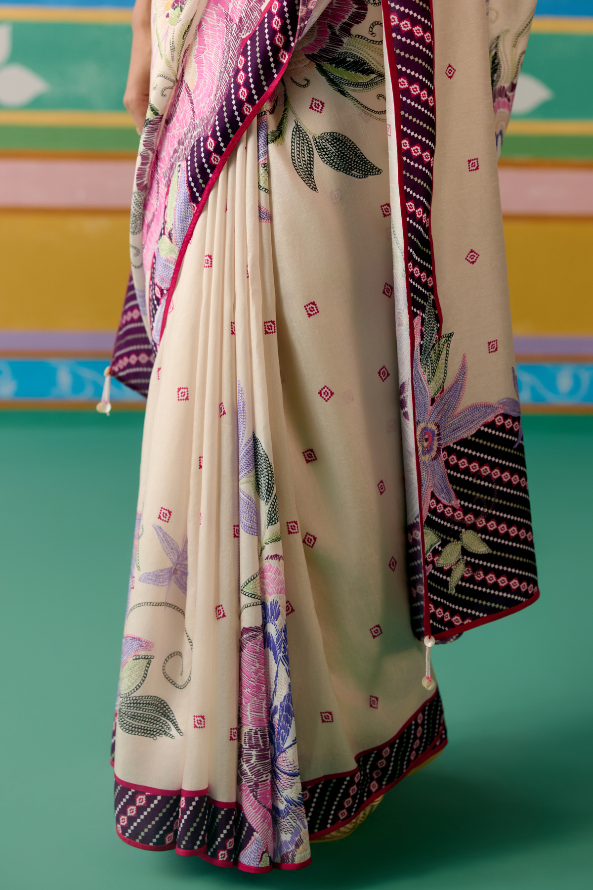 Ecru Purple Ikkat Saree