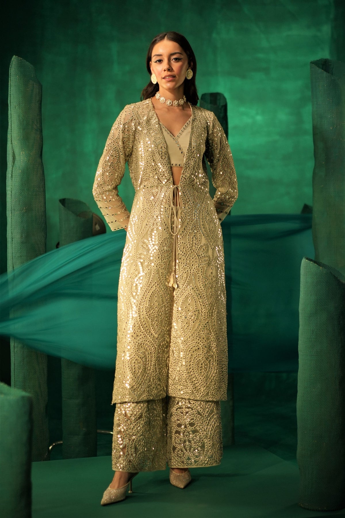 Georgette Palazzos in Silver Zari