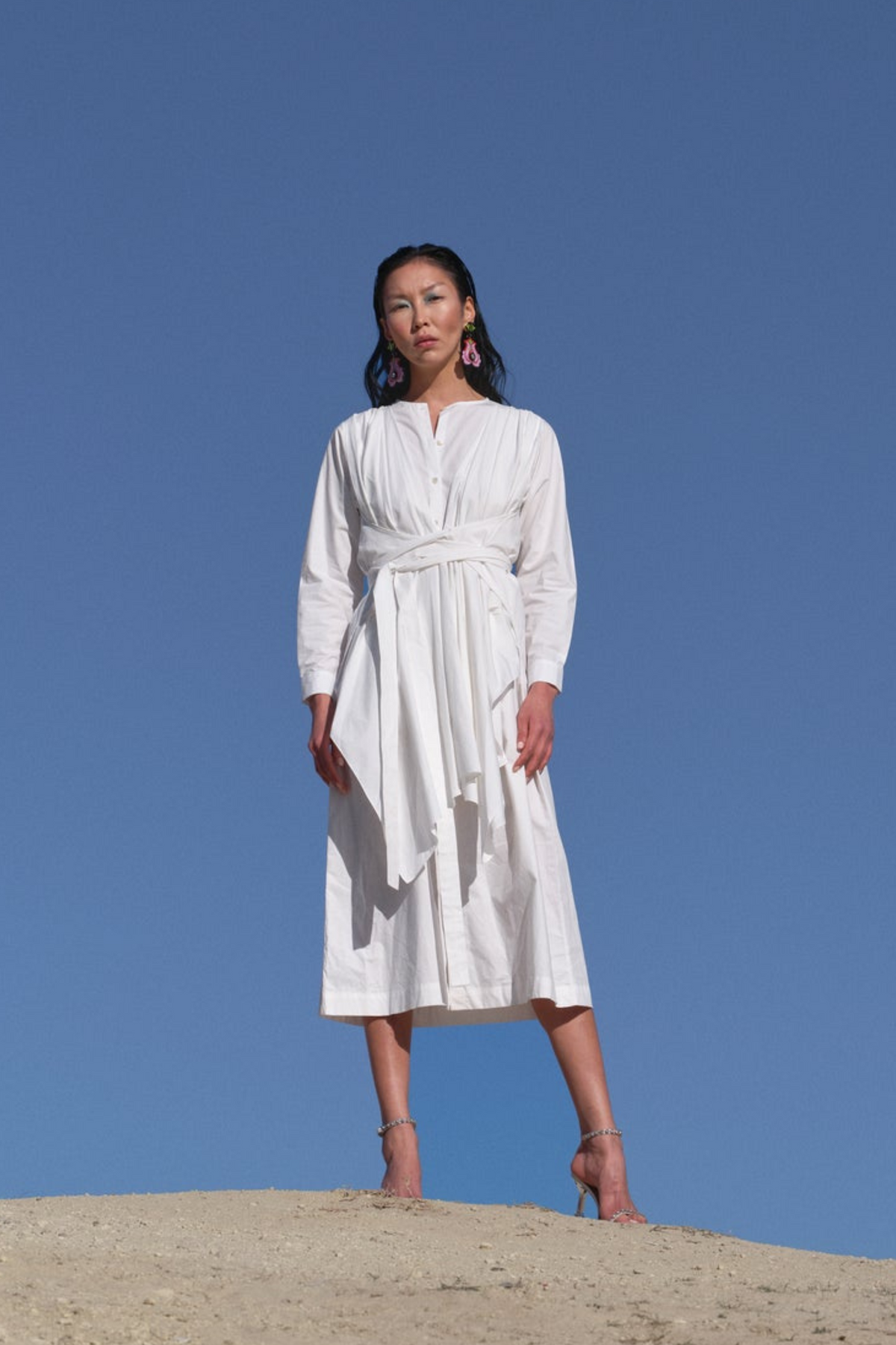 Draped Dress With Belt And Centre-slit
