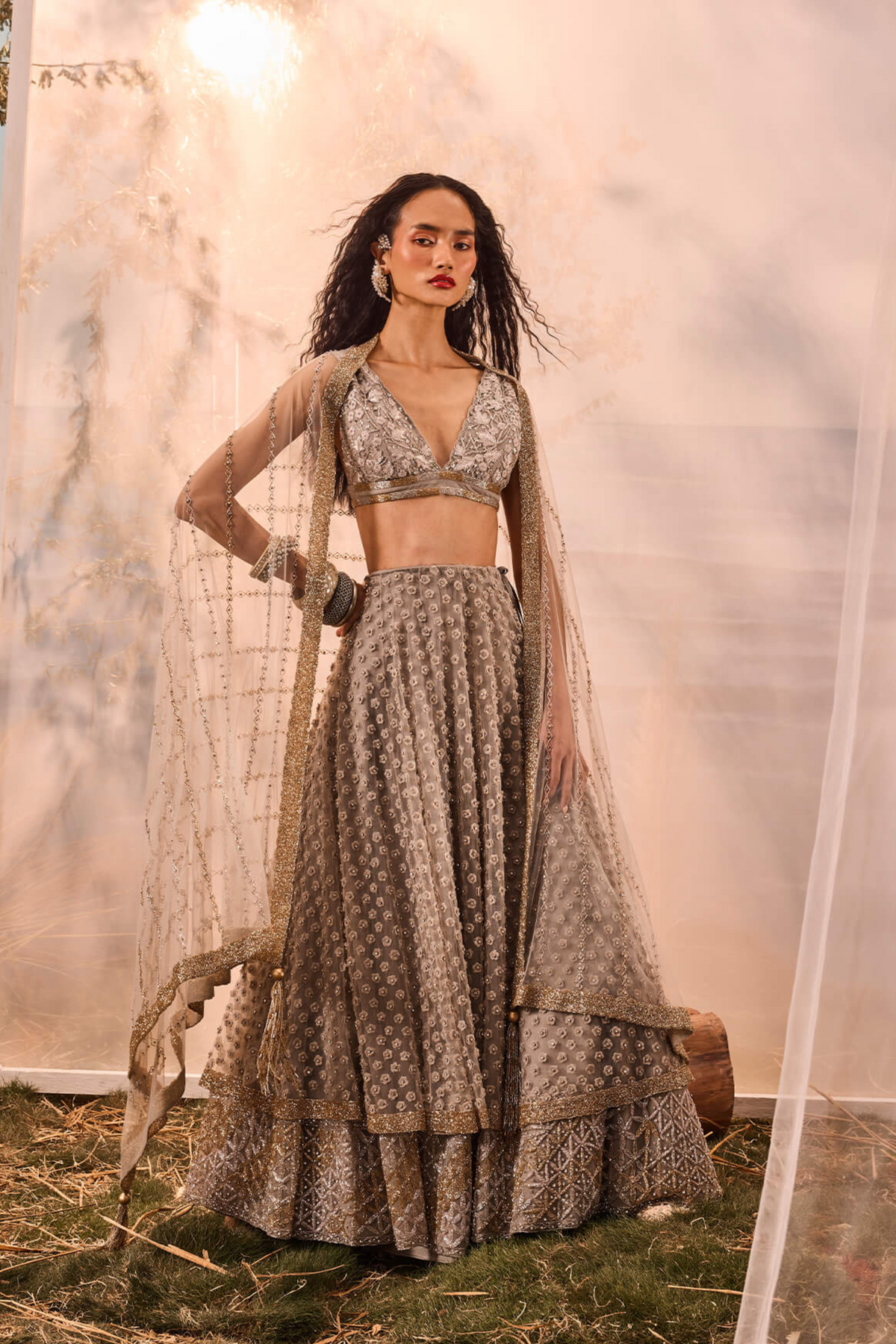 Grey 3d Flower Lehenga Set