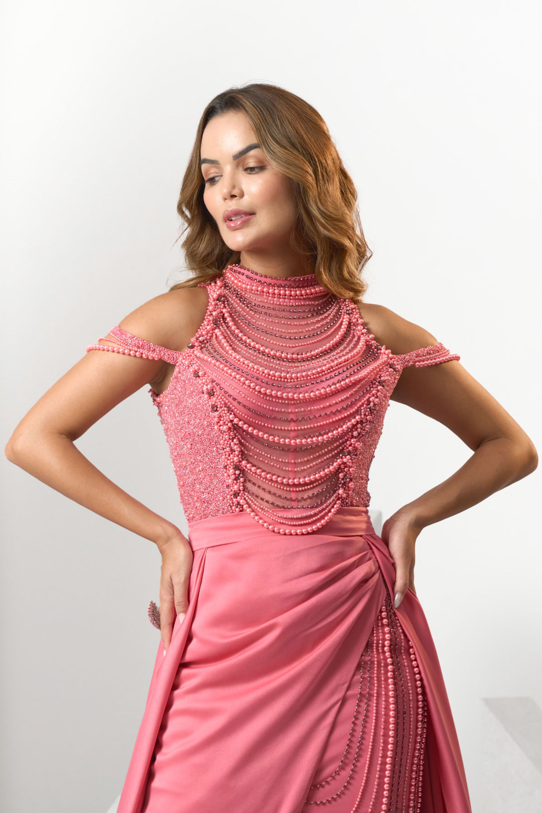 Eli Bitton - Pink Pearl Princess Evening Gown L Eli Bitton - Pink Pearl Princess Evening Gown L