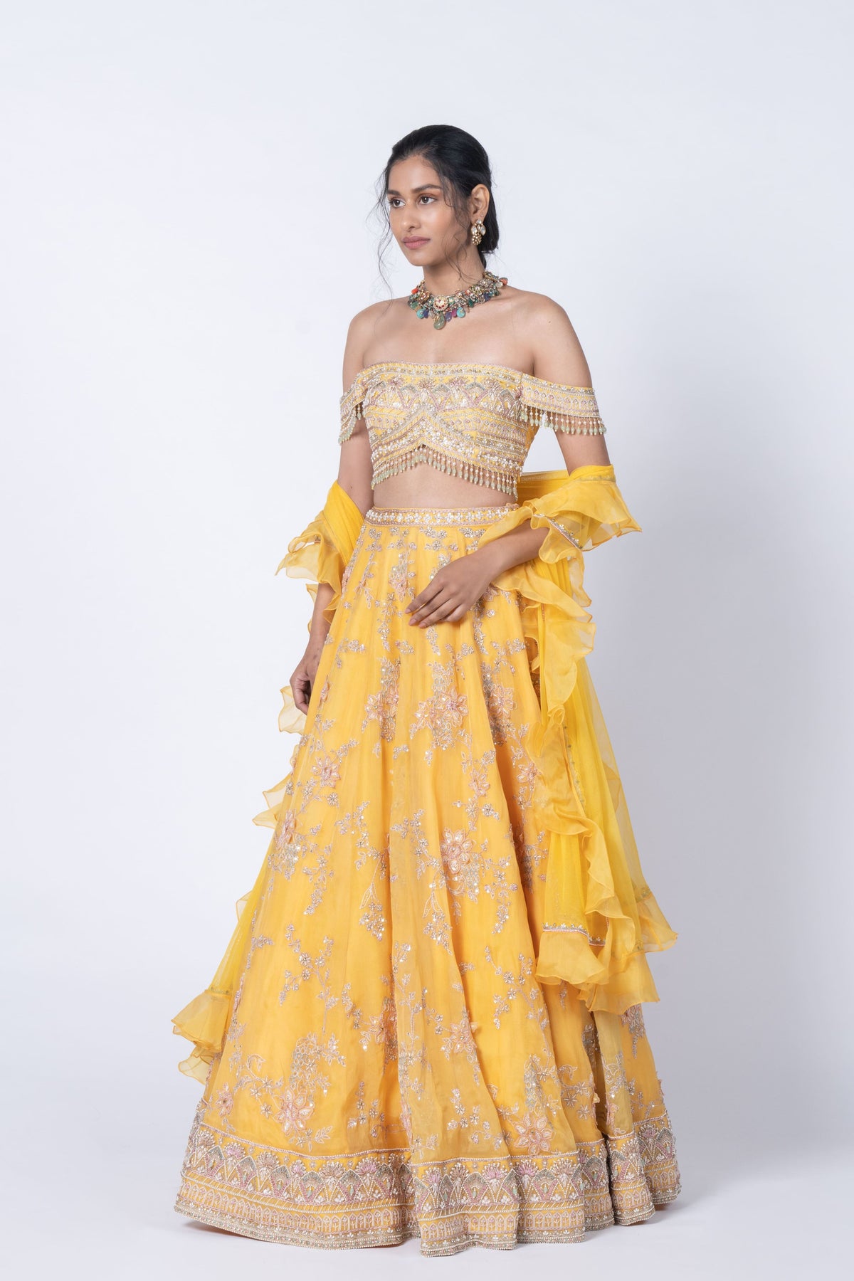 Yellow Hand Embroidered Lehenga Set