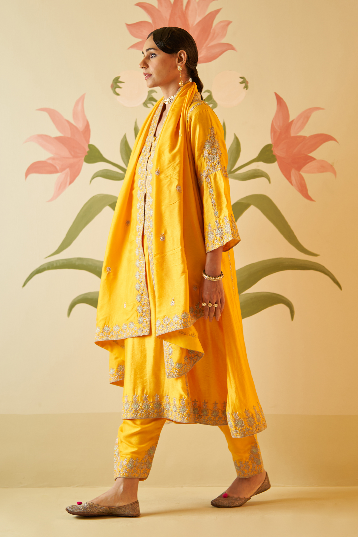 Yellow Chanderi Silk Choga Set
