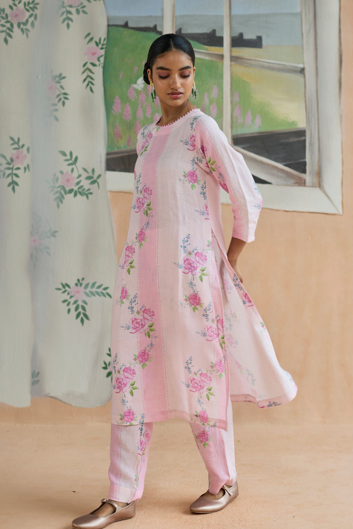 Rose Haze Long Kurta Set Linen