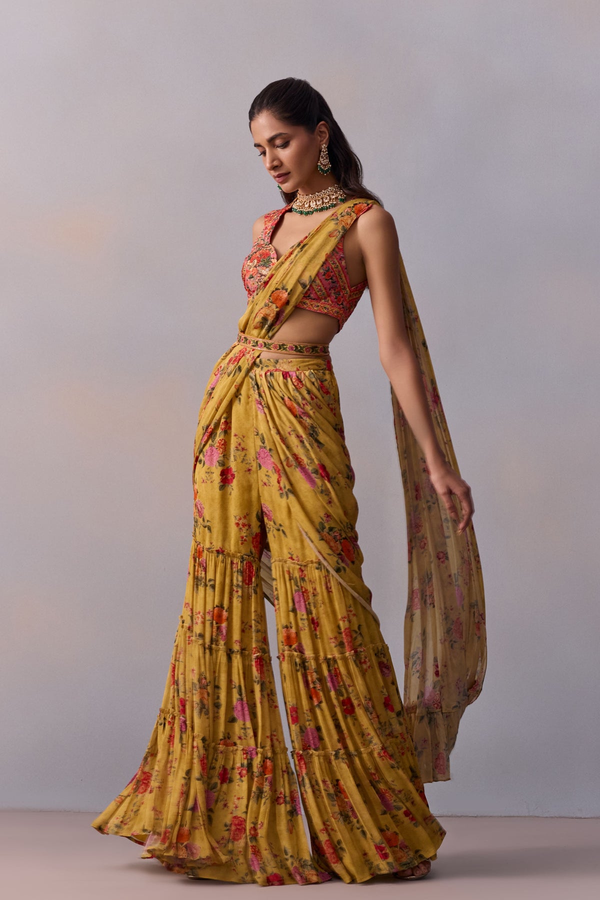 Yellow Sabia Pre-draped Saree Set