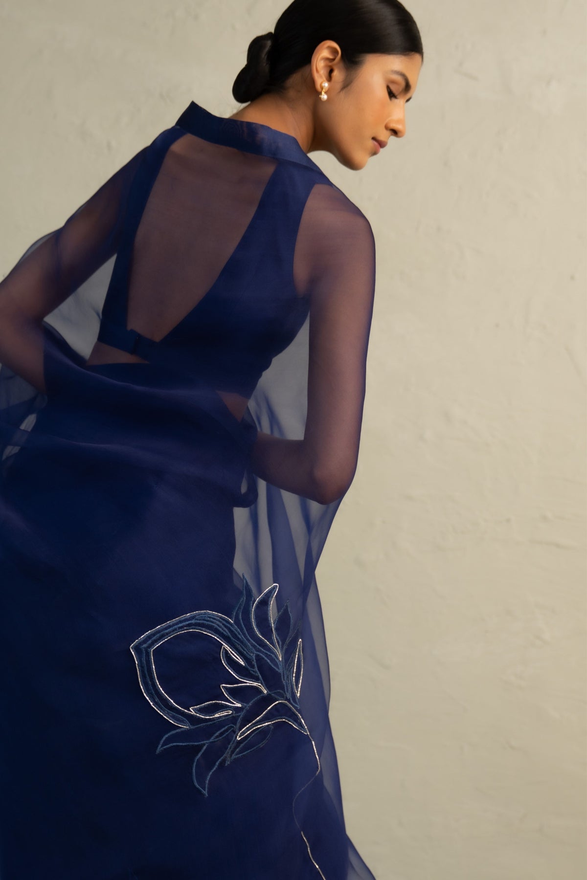 Blue Organza Applique Saree Set