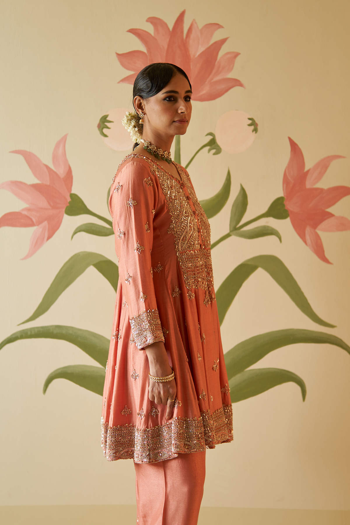 Salmon Chanderi Silk Anarkali Set