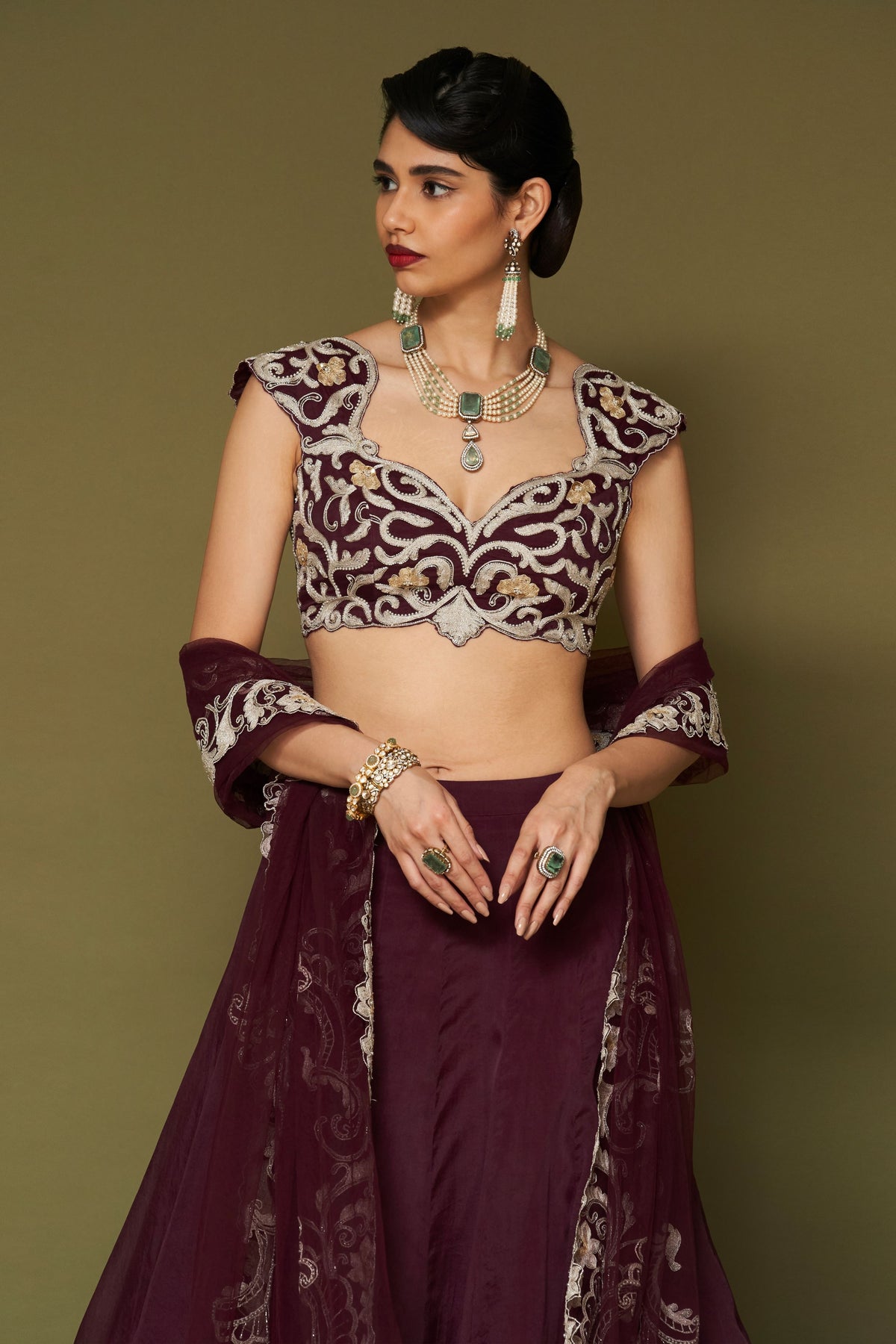 Wine Silk Organza Lehenga Set