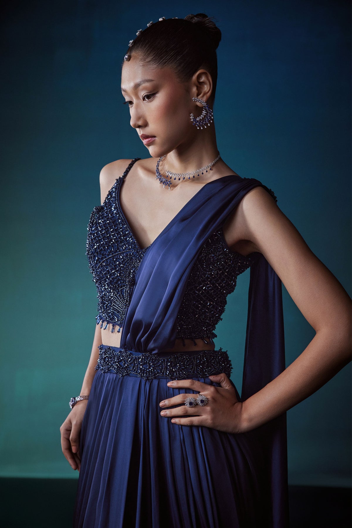 Navy Drape Saree Set