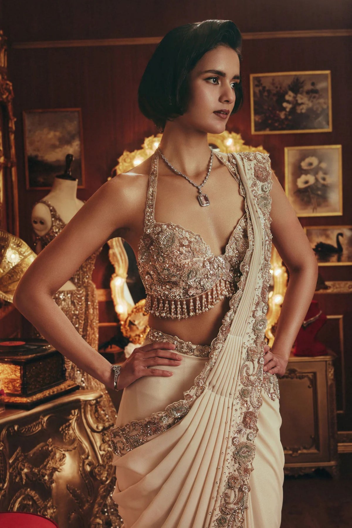 Emma Ivory Draped Saree Set