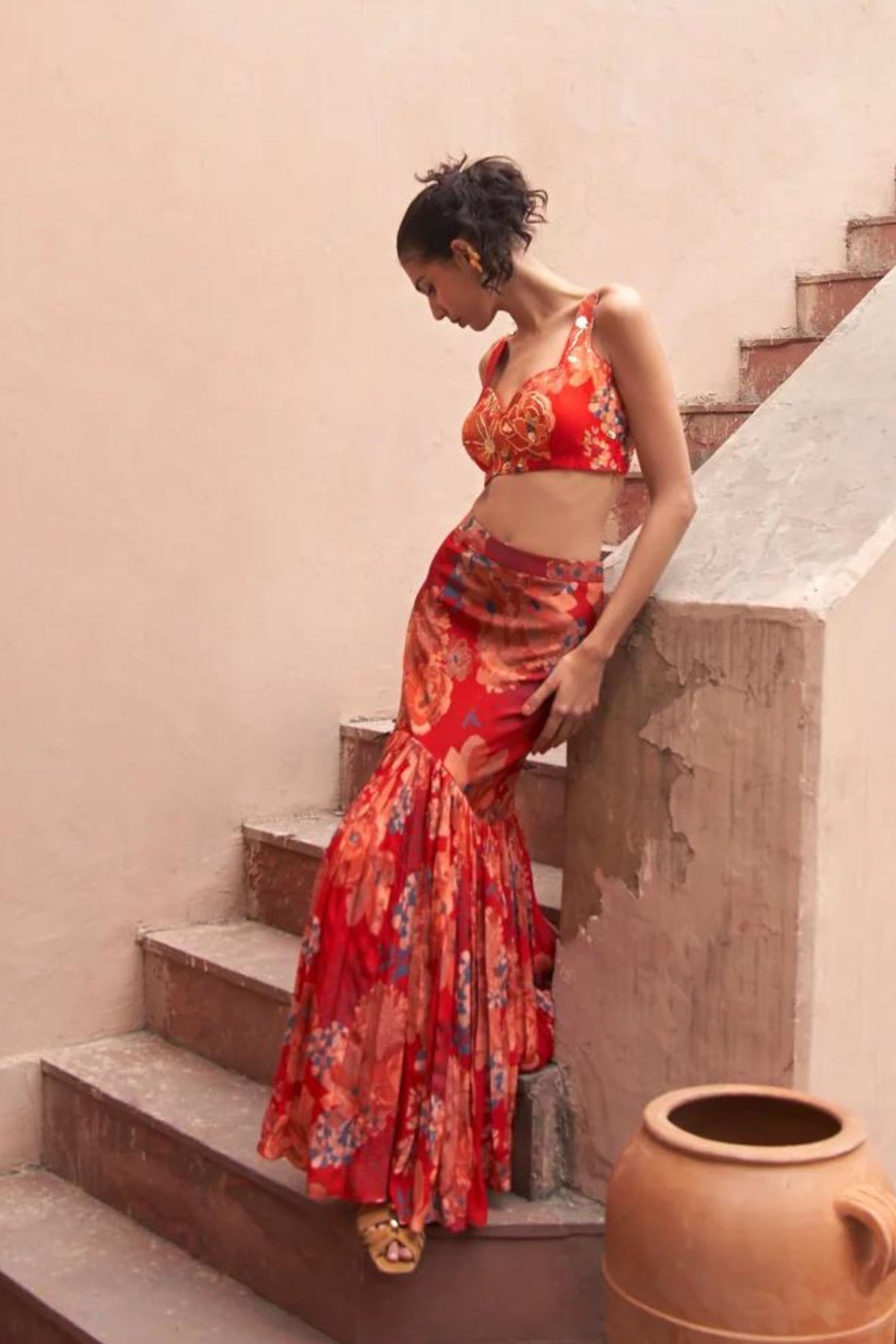Red Moroccan Fish Lehenga Set