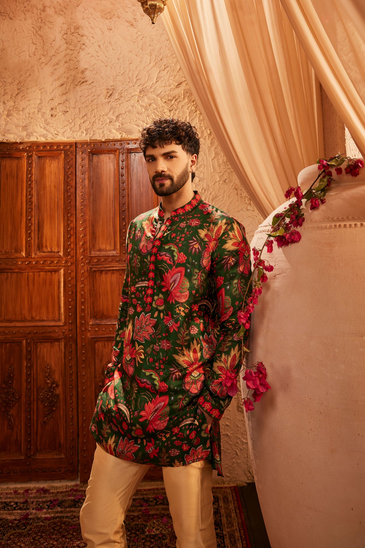 Evan Floral Green Mens Kurta