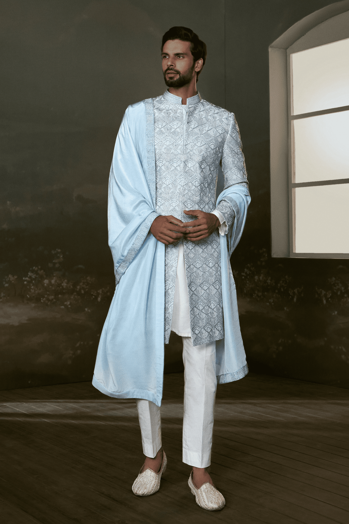 White  embroidered raw silk sherwani Set